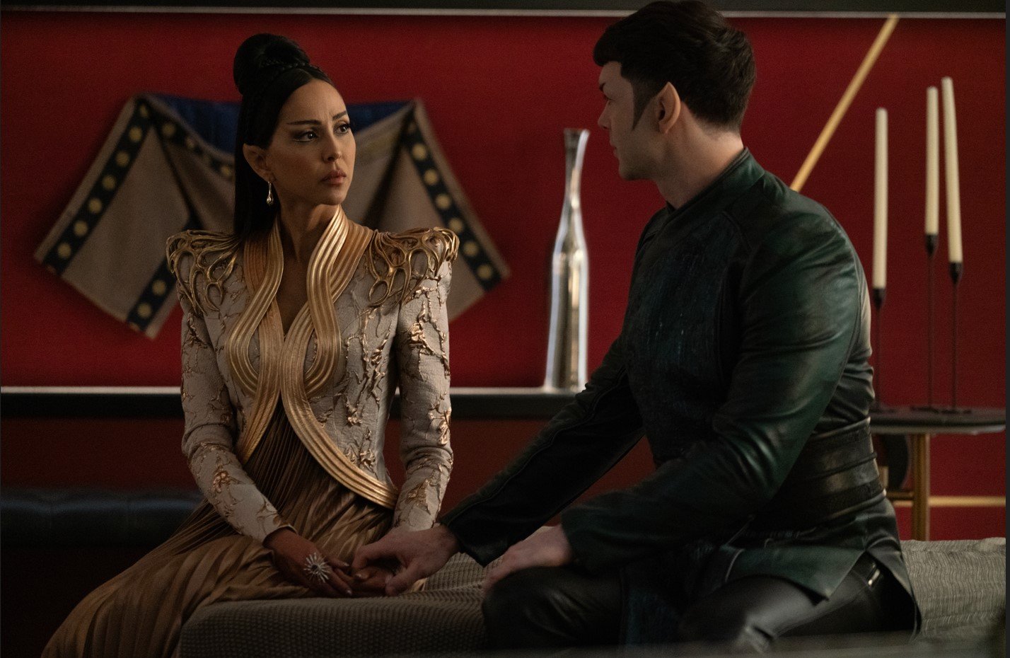   Gia Sandhu  as T'Pring and  Ethan Peck  as Spock. Photo Credit: Michael Gibson/Paramount+ 