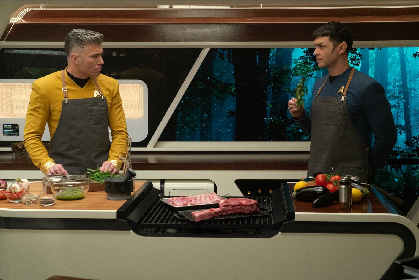   Anson Mount  as Capt. Pike and  Ethan Peck  as Spock. Photo Credit: Michael Gibson/Paramount+ 