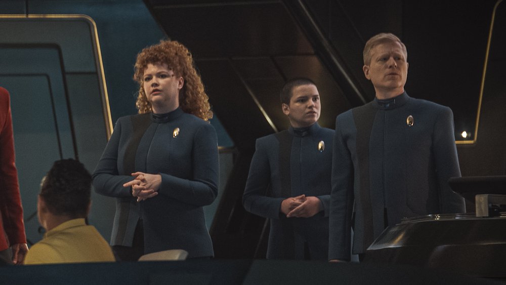  L-R: Mary Wiseman as Tilly, Blu del Barrio as Adira and Anthony Rapp as Stamets in Star Trek: Discovery, episode 5, season 5, streaming on Paramount+, 2023. Photo Credit: Paramount+ 