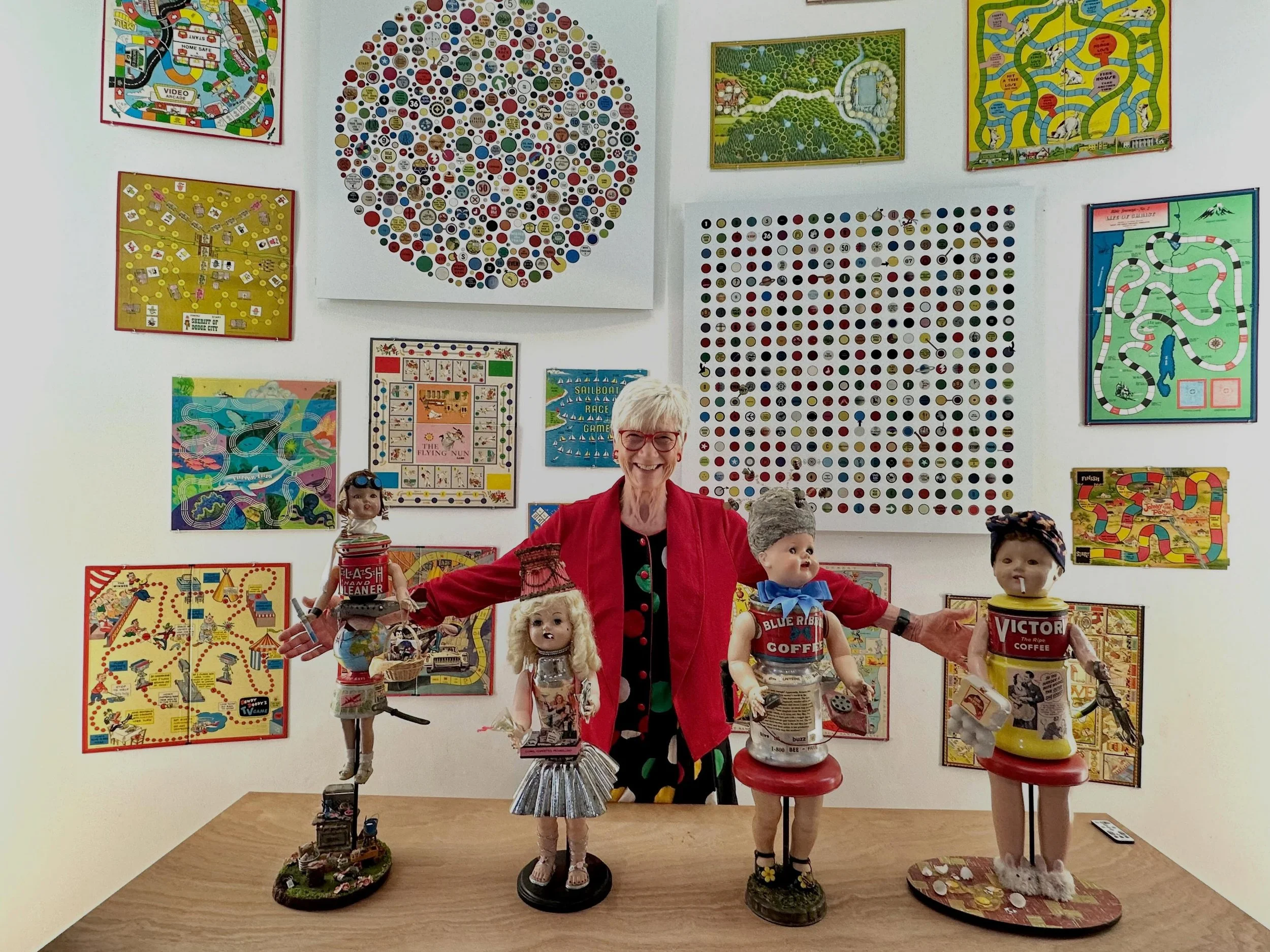 The girls and I enjoyed opening night. Here we are in front of Corwin&rsquo;s wonderful collection of old board games and two samples of how he rearranges them into wonderfully fun works of art. So happy to be sharing this space with him!