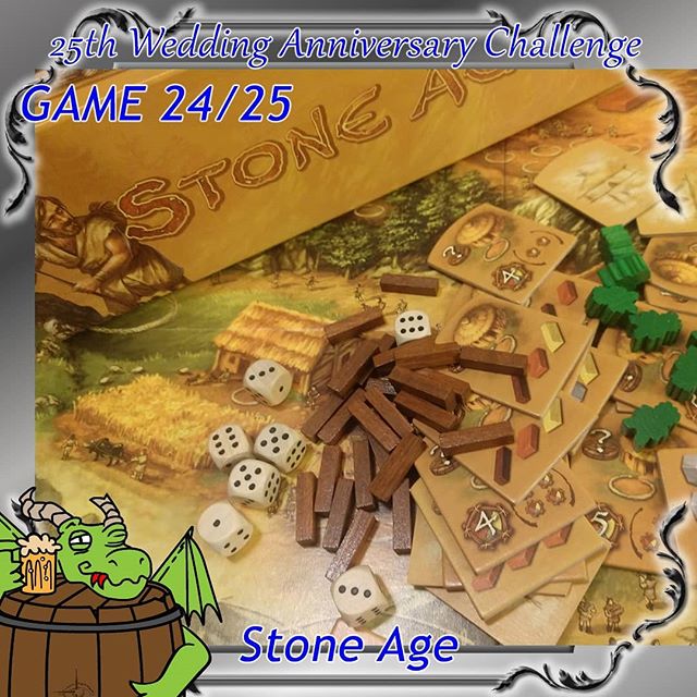 Francesca went for points during game, Pal went for end game points. Francesca had insanely bad die rolls for resources, going several turns scoring nothing and Paul wins.

#tainteddragininn #torpid #tabletopgames #boardgames #stoneage #hansimgl&uuml