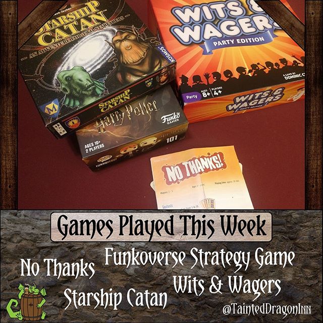 What have you been playing?

#tainteddragininn #torpid #tabletopgames #boardgames #funkoversestrategygame #funkogames #harrypotter #dc #dccomics #batman #GoldenGirls #starshipcatan #catan #mayfairgames #nothanks #witsandwagers #witsandwagersparty #no