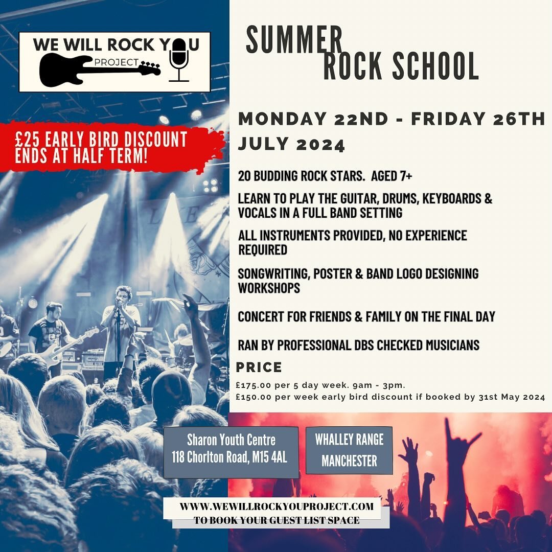 🎸We will be running 3 Summer Rock Schools (swipe for info!) over the summer at various locations (depending on uptake at each venue), please see location and dates below and let us know which venue you are interested in, we can then send you full in