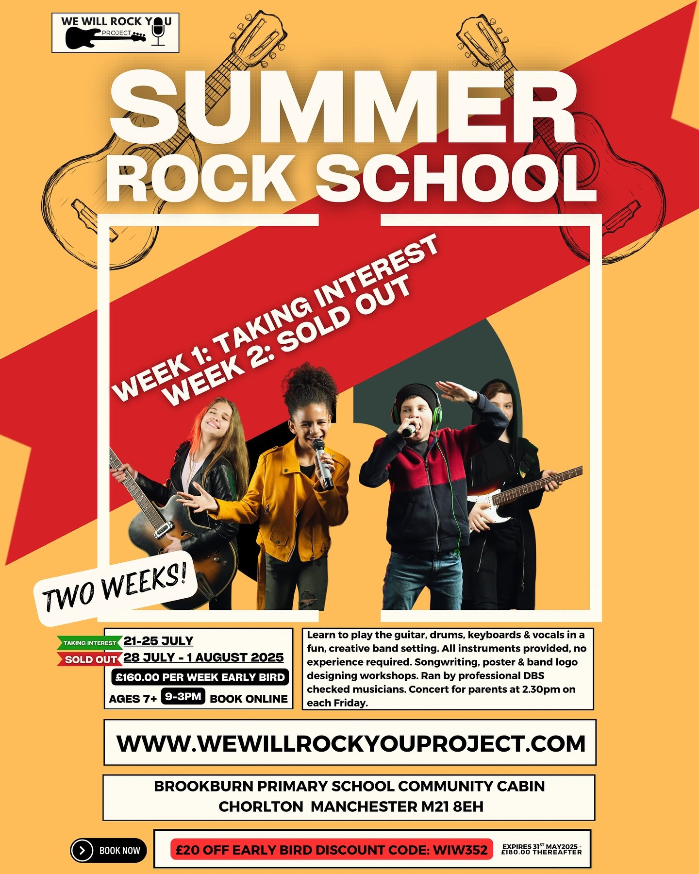 Second week now fully sold out. First week taking places and the early bird discount ends on Saturday! Book online: www.wewillrockyouproject.com