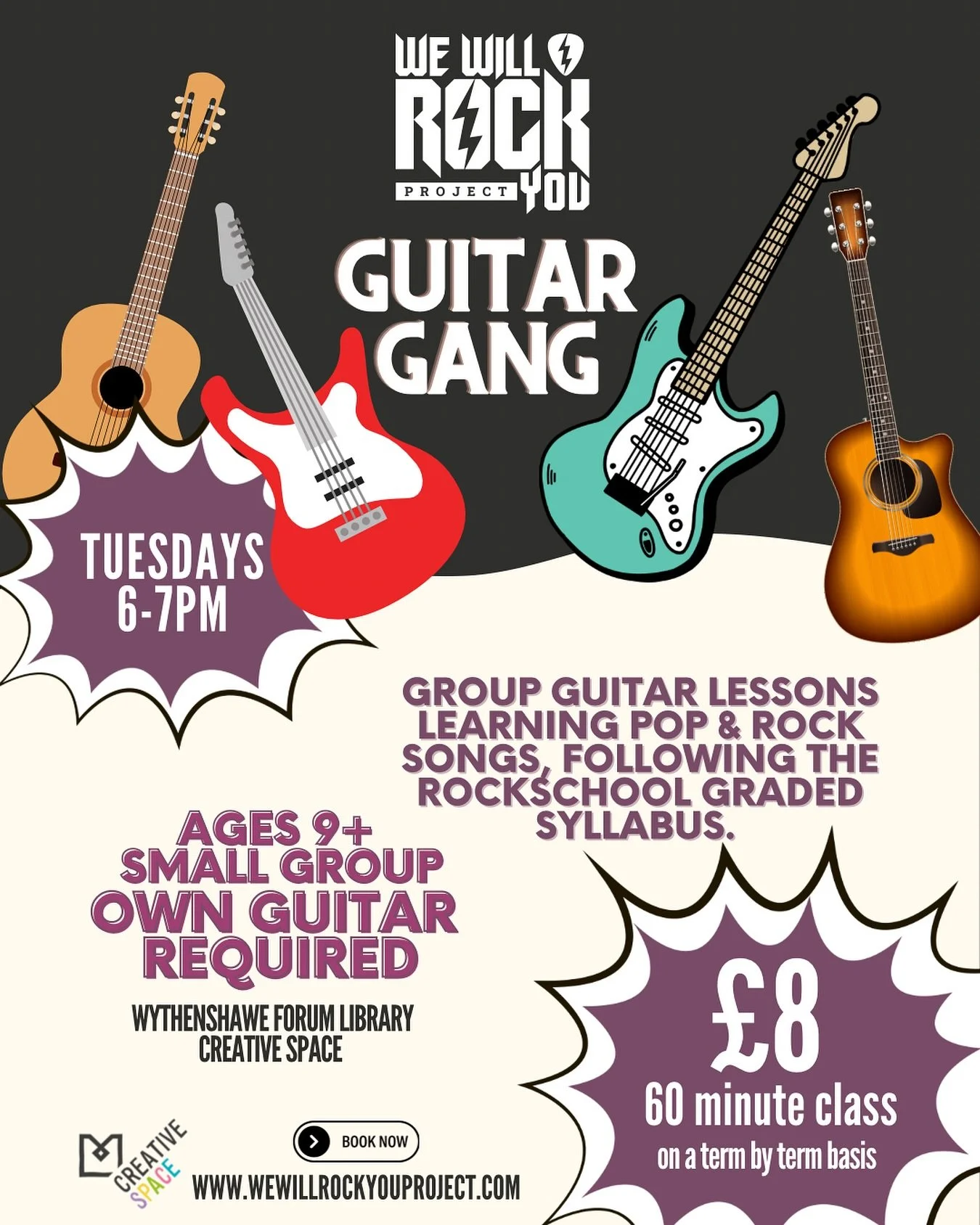 We&rsquo;re currently taking interest in bringing our Guitar Gang to the Wythenshawe Forum Library Creative Space on Tuesdays, 6-7pm. An affordable way to learn the guitar in a small, focused group environment, learning cool songs, essential techniqu