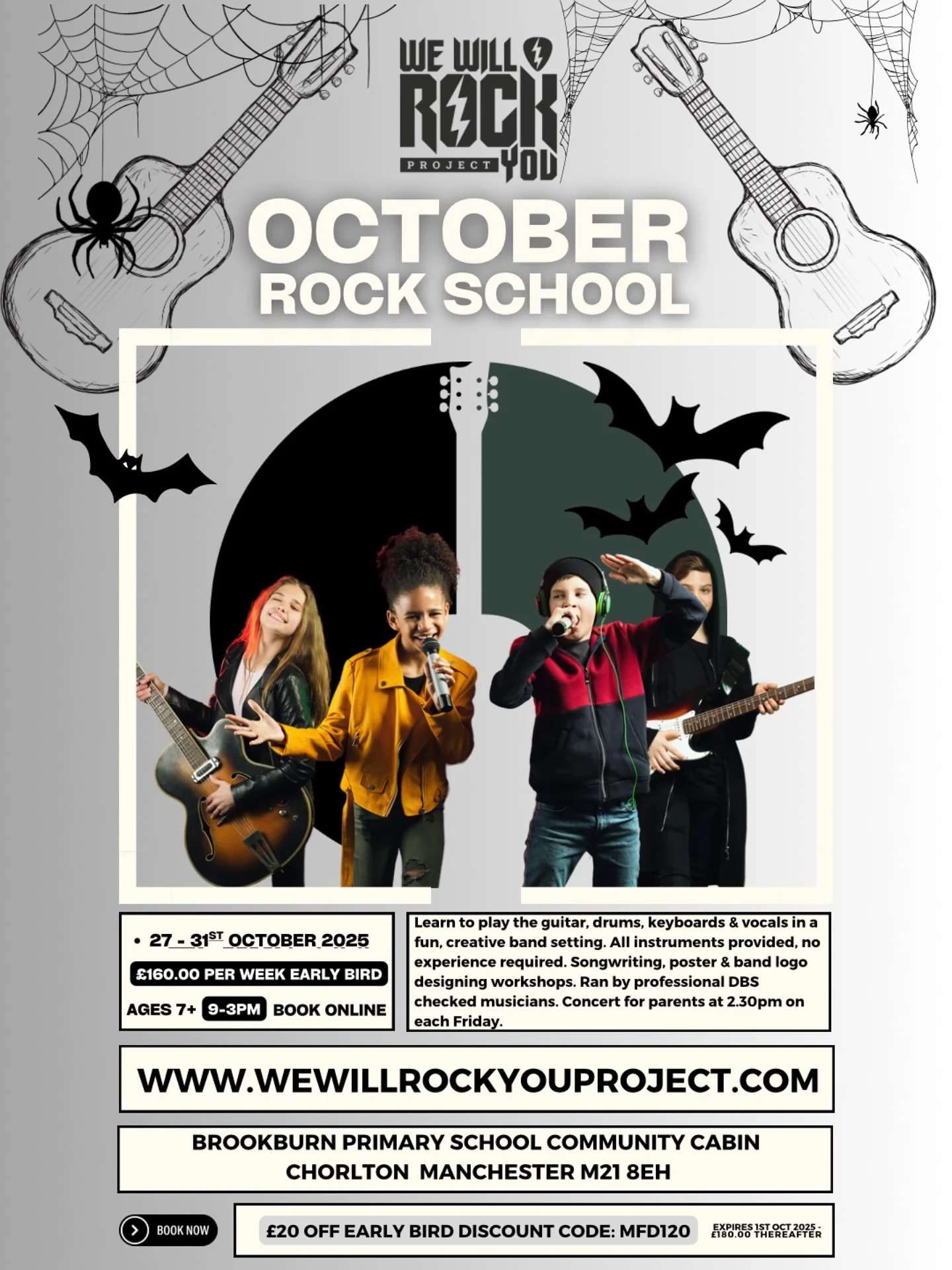 👻 🎸 Our popular South Manchester Rock School is back! Packed with spooky songs for the October half term at Brookburn Primary School Community Cabin, Chorlton. Monday 27th - Friday 31st October 2025, 9-3pm each day. 

Please note, we are taking int