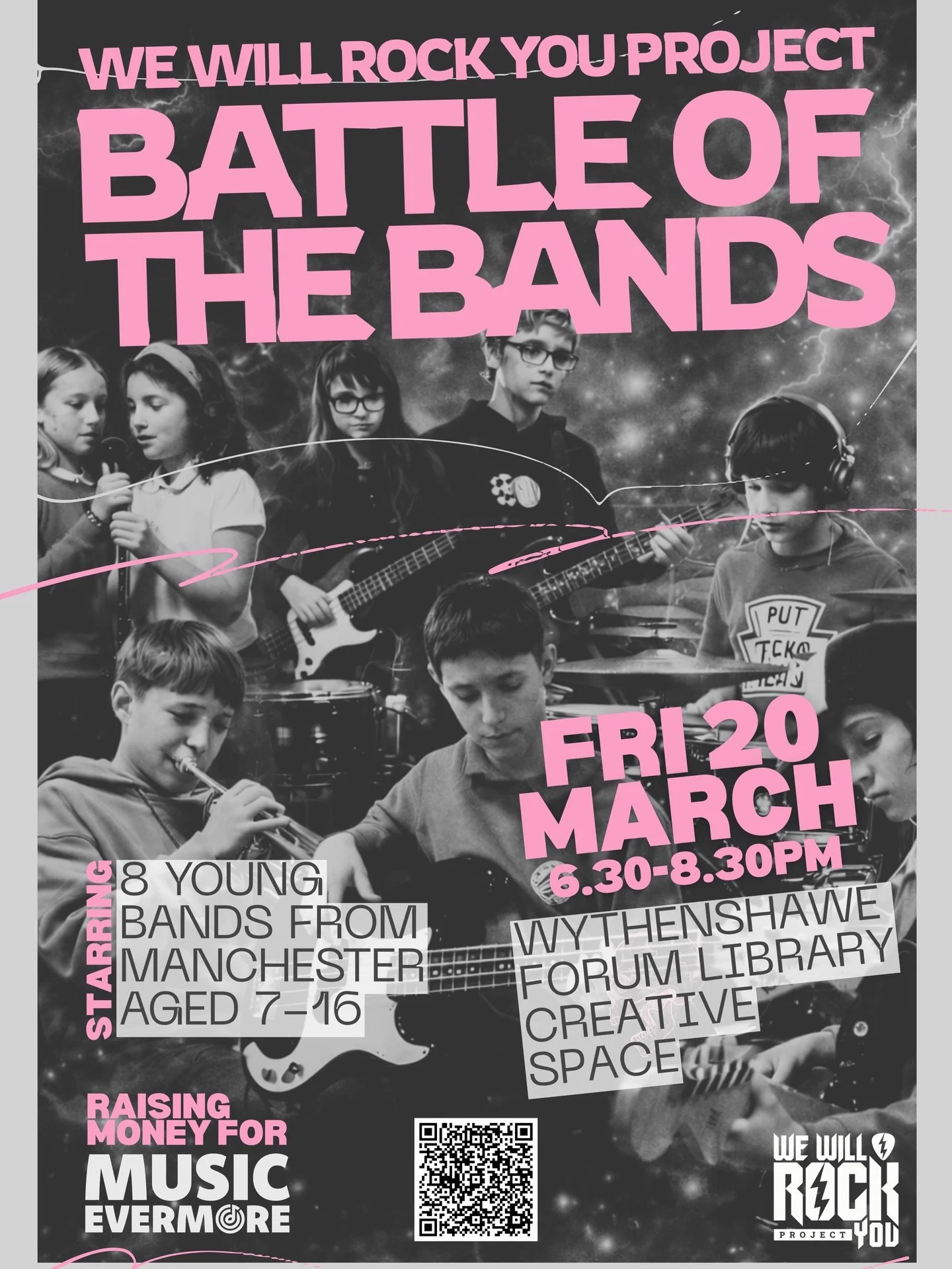 Get Ready for the We Will Rock You Project - Battle Of The Bands!

Join us for an epic showdown where 8 young bands across our weekly sessions will battle it out on stage at the awesome @wythenshaweforum Library Creative Space in front of a packed cr