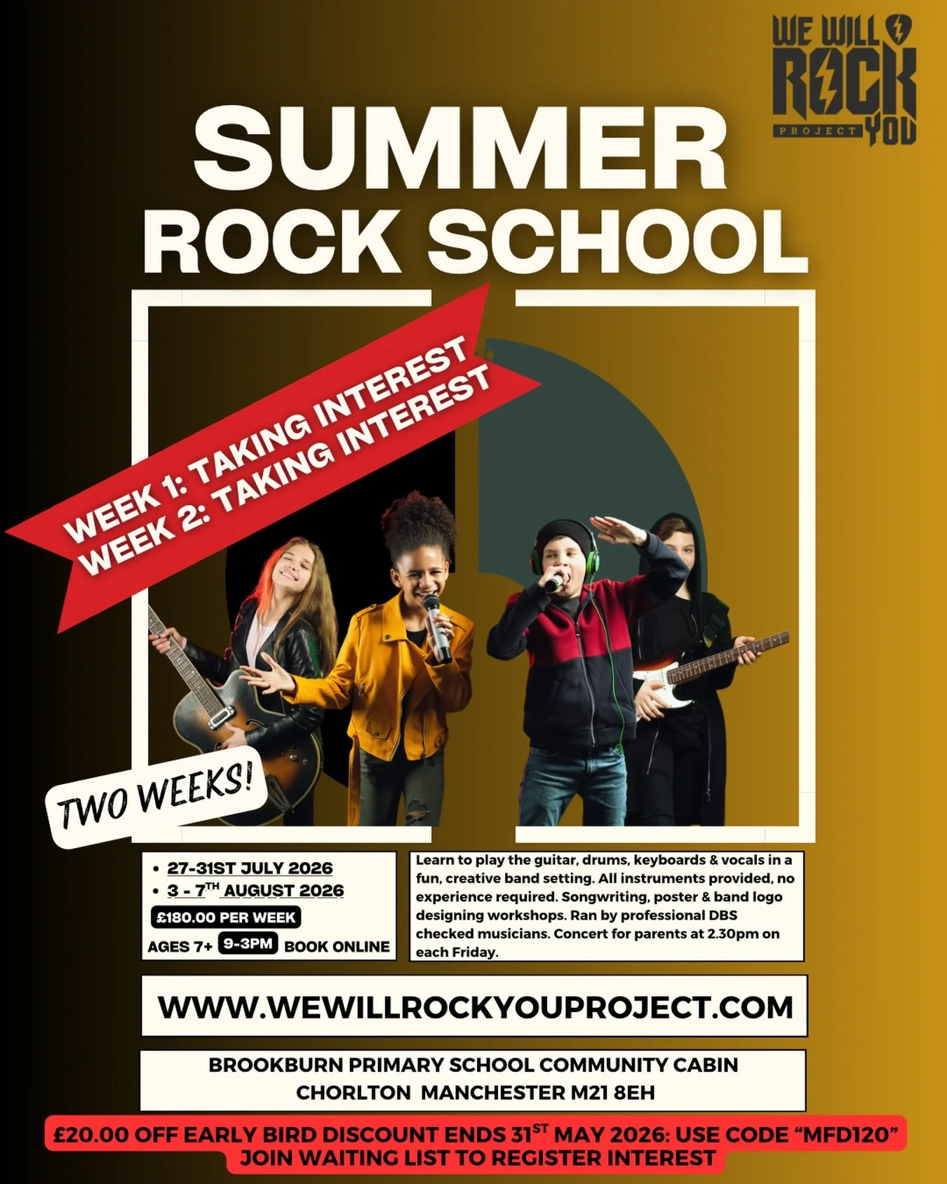 We&rsquo;re now taking interest for our annual Summer Rock School events at Brookburn Primary Community Cabin in Chorlton. Please head to the booking system on our website and join the waiting list for your preferred week. Hopefully we&rsquo;ll have 