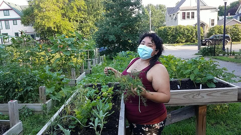  Community volunteer plants the wheelchair accessible bed with herbs, 2020. 