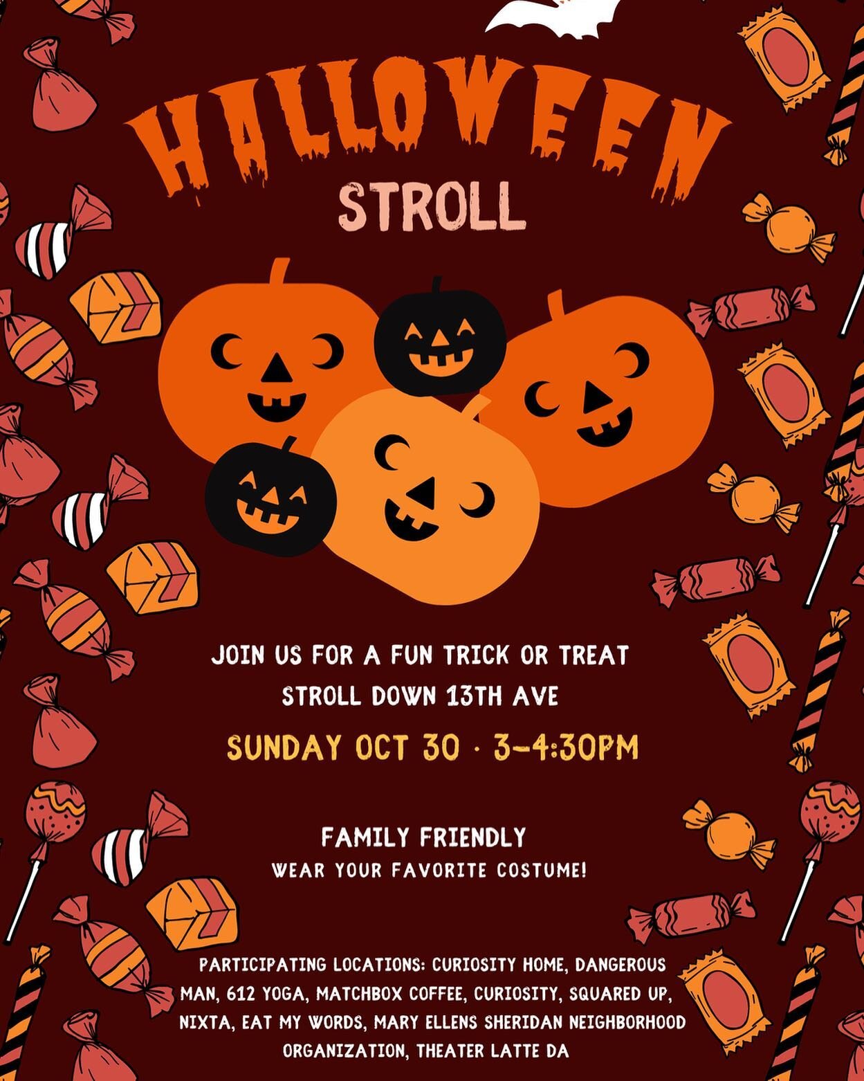 Join us and the businesses of 13th ave for our annual Halloween Stroll! 
@curiosityhomemn @curiosityneminneapolis @dangerousman @612.yoga @matchboxcoffeempls @squareduphair @nixtampls @eatmywordsbooks @theaterlatteda