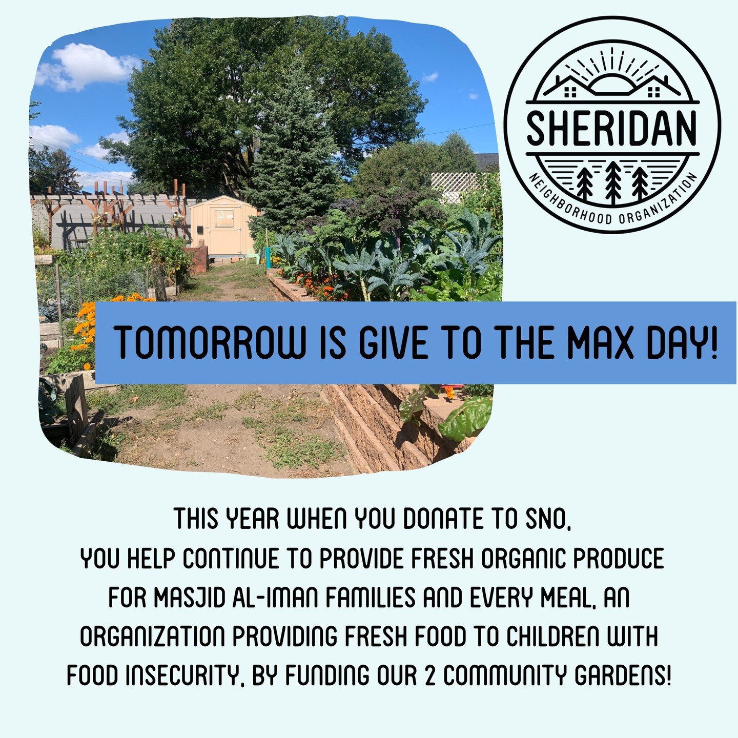 Give to the Max Day is Tomorrow!

This year when you donate to SNO,
 you help continue to provide fresh organic produce for Masjid Al-Iman families and Every Meal, an organization providing fresh food to children with food insecurity, by funding our 