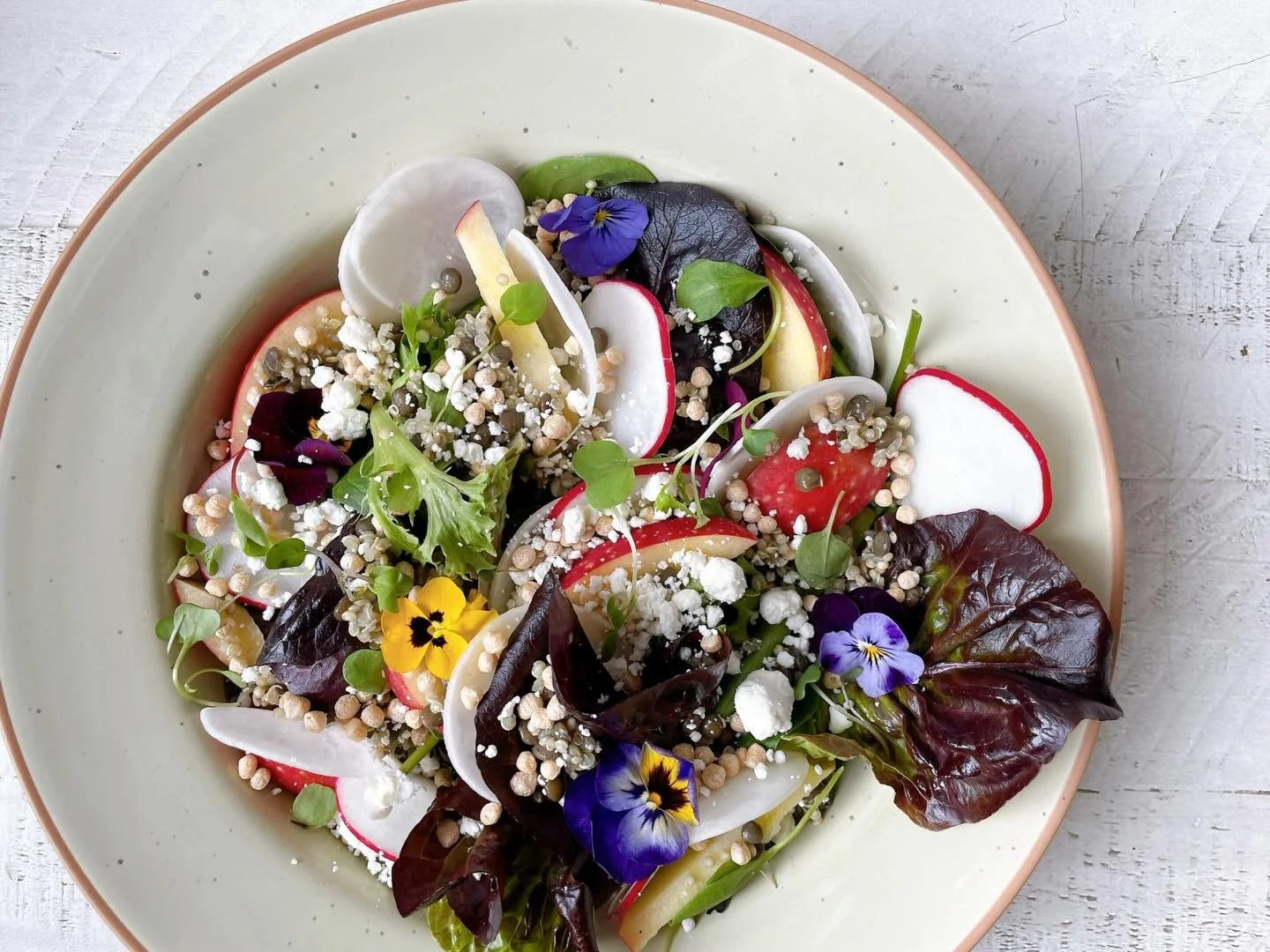 Our winter crisp grain salad hits the spot!
.
Greens, ever crisp apples, breakfast radish, haruki turnips, lentils, quinoa, puffed quinoa, goat cheese, basil pesto, lemon shallot citronette