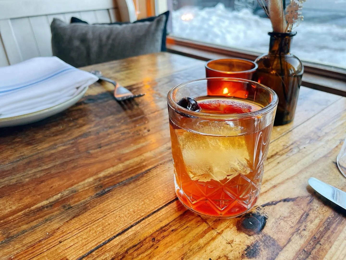 &ldquo;A Bit Nibbly Old Fashioned&rdquo; will warm ya right up! With bourbon, roasted cocoa nib simple syrup, blood orange, cocoa bitters.