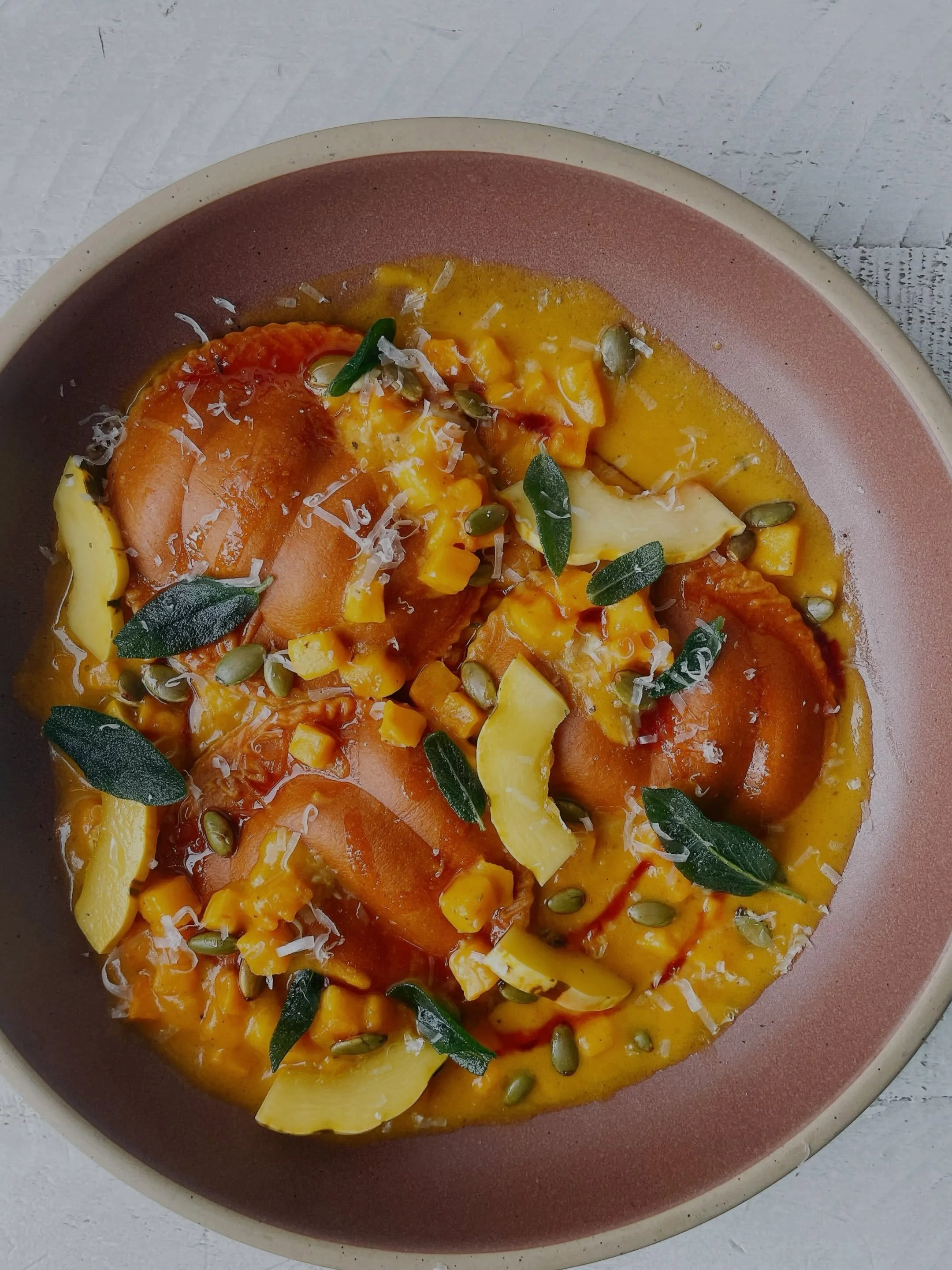 We&rsquo;re open! 🎃 
.
Come try our pumpkin ravioli with @johnfrancisdesigns pumpkin molds! Served with roasted butternut squash, pickled delicata squash, cranberry hot honey, toasted pumpkin seeds, crispy sage, parmesan