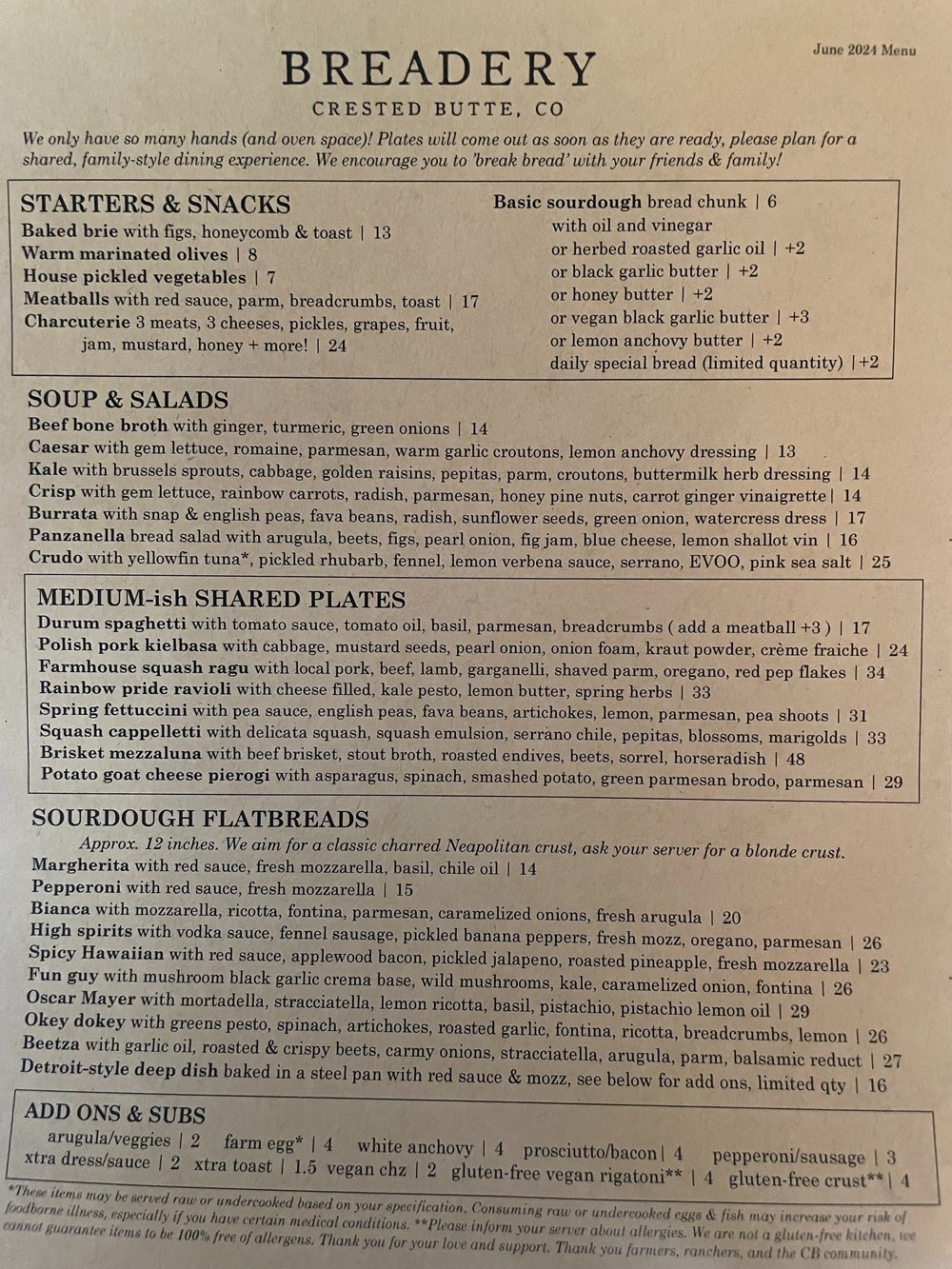 Dinner Menu — Breadery