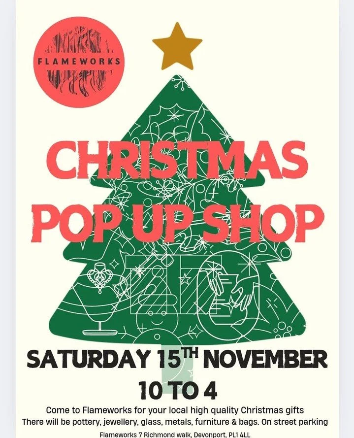 The nights are getting darker - it's time to visit Flameworks for the Christmas Pop Up Shop.  This will be my only Plymouth outing this season so do call in to check out the gifts on offer. ⁠
Flameworks is looking forward to opening with studio holde