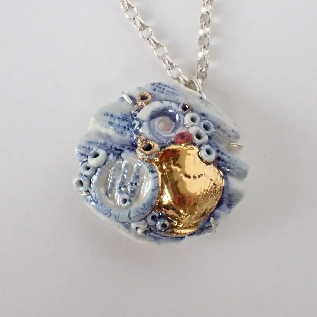 One of the unique pieces of porcelain jewellery I am bringing to Wonderworks Contemporary Craft Fair, Jubilee Hall, Chagford TQ13 8DP. 10am-5pm Saturday &amp; Sunday 6th and &amp; 7th December 2025. ⁠
⁠
Image - Rockpool pendant - porcelain, oxide, go