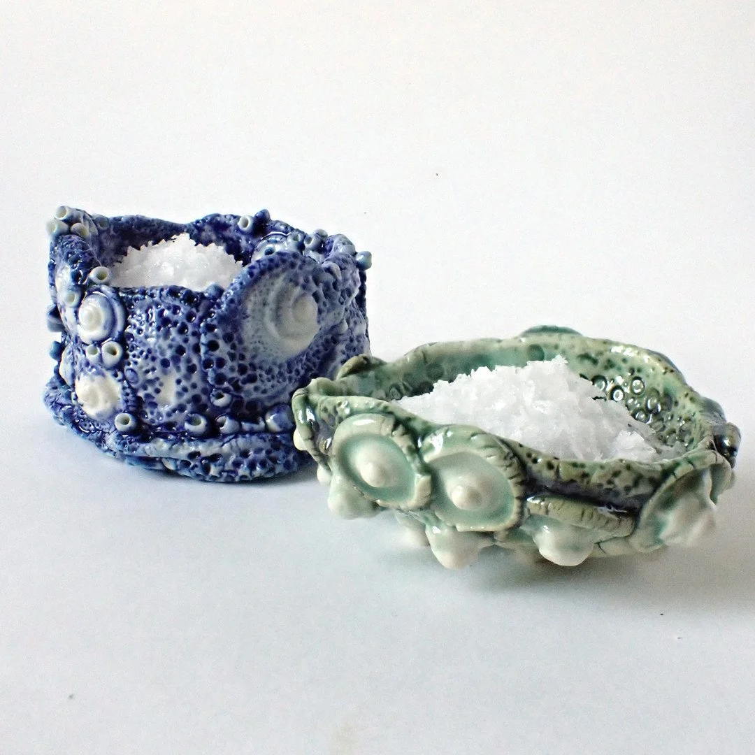 I love to see my work out in the world, being used and becoming part of the owners everyday life.  These porcelain vessels, small enough to cradle in your palm, are heavily encrusted and eroded Rockpool salt pots, ready to bring the sea a little near