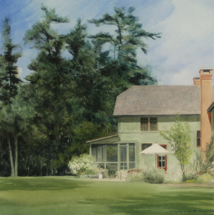 A plein air painting of a lake house in Dublin, New Hampshire