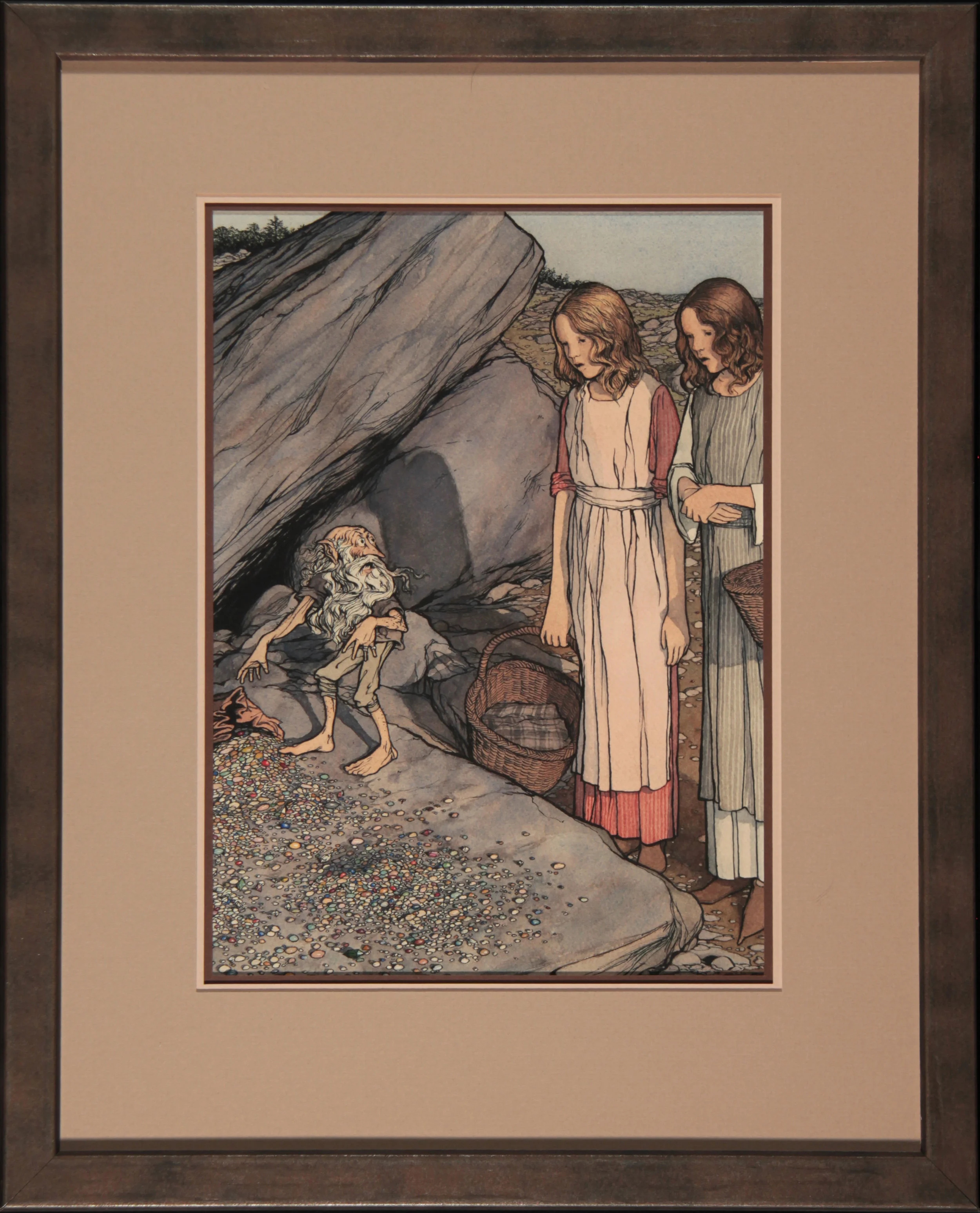 Snow White and Rose Red discover the Elf with his jewels. This was painted as a portfolio piece in my early years before I landed my first book assignment.