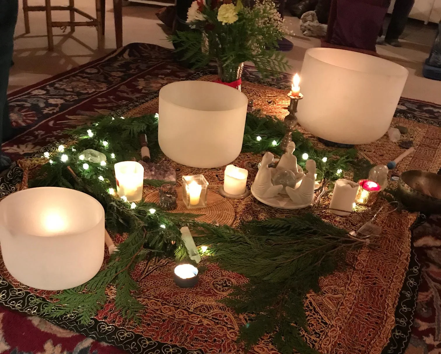 Solstice gathering at the Seichim Center, with crystal singing bowls.