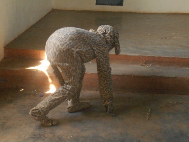 A child in a leopard costume crawls along the floor