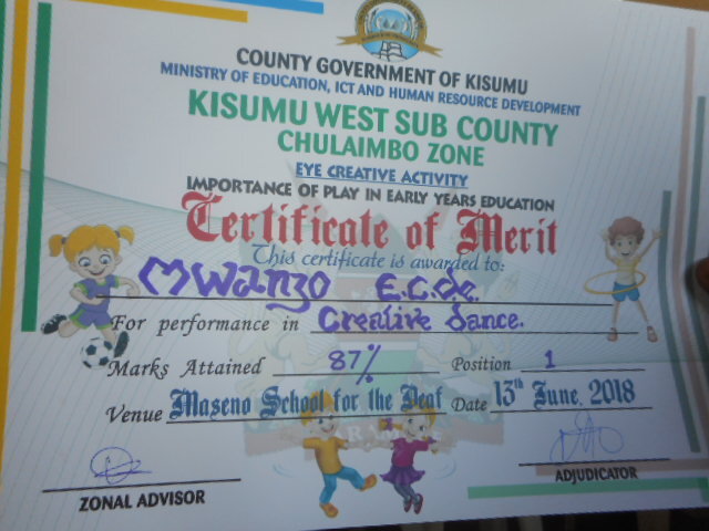 Certificate of merit for Mwanzo ECD winning 'creative dance' in 2018