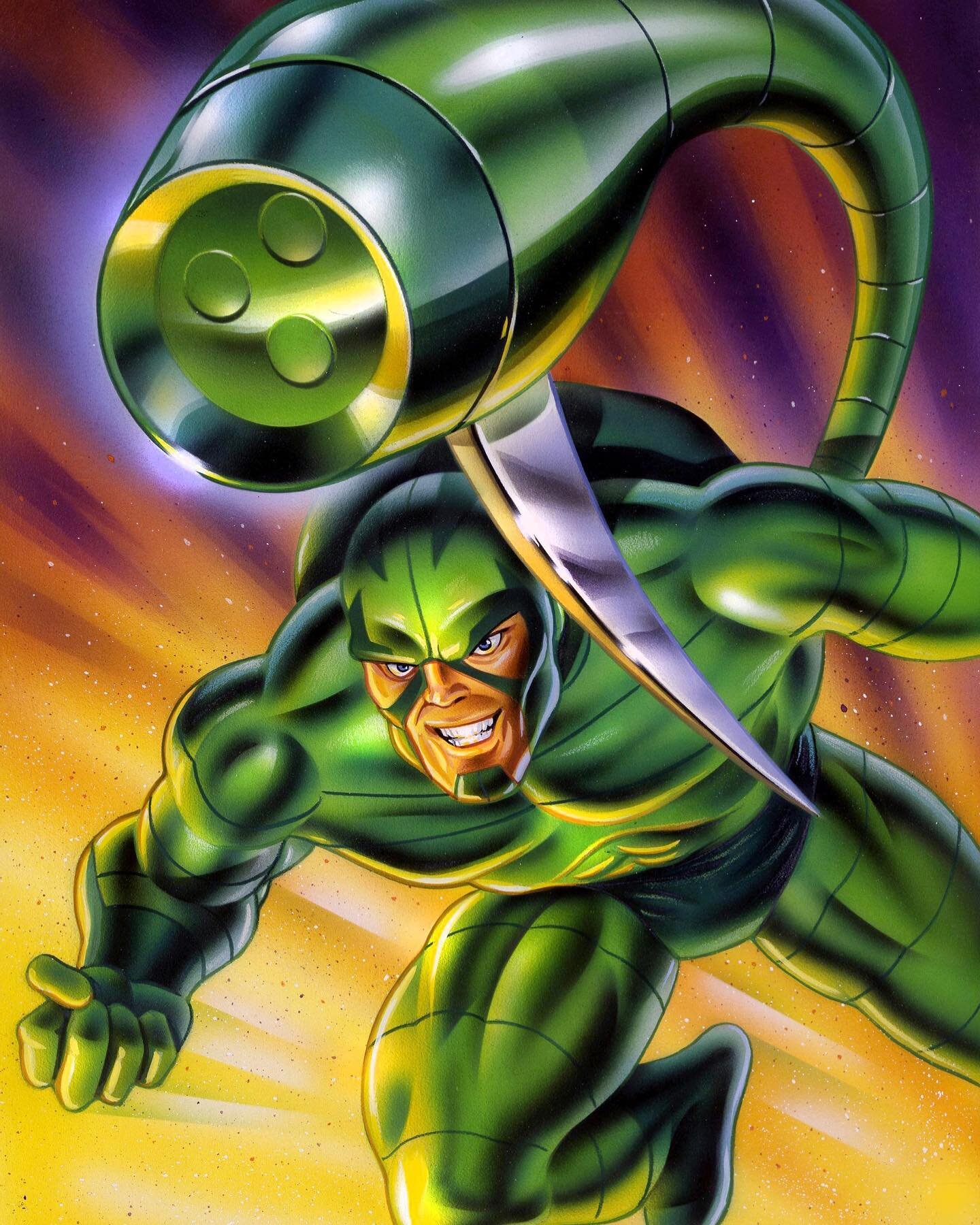 Scorpion original Marvel production card art is up for auction starting today @heritageauctions! from 1995 Marvel Fleer Ultra Limited Edition Color Chrome trading card set of 10. The winning bid gets the one-of-a-kind original airbrushed and colored 