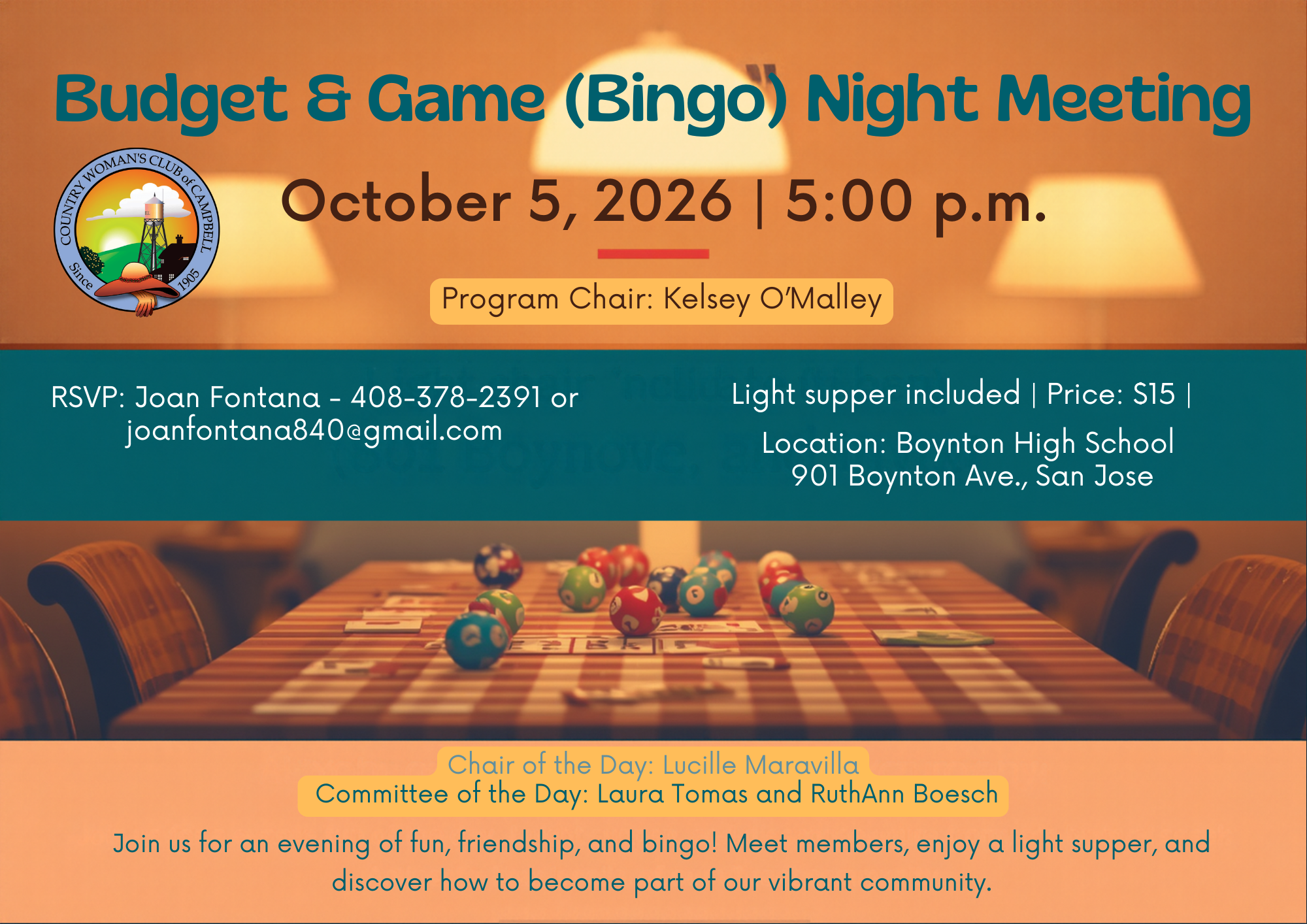 CWCC - October 5, 2026 Budget &amp; Game (Bingo) night meeting 5:00 p.m.