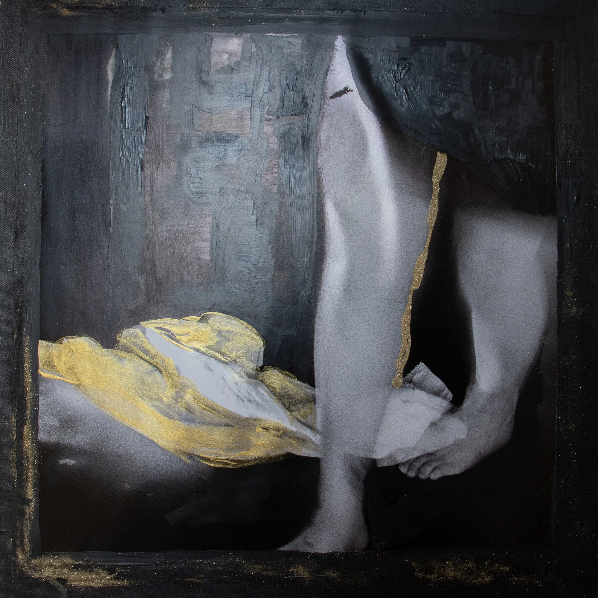   Left and Leaving   Mixed media and digital print on canvas  22”x22” 