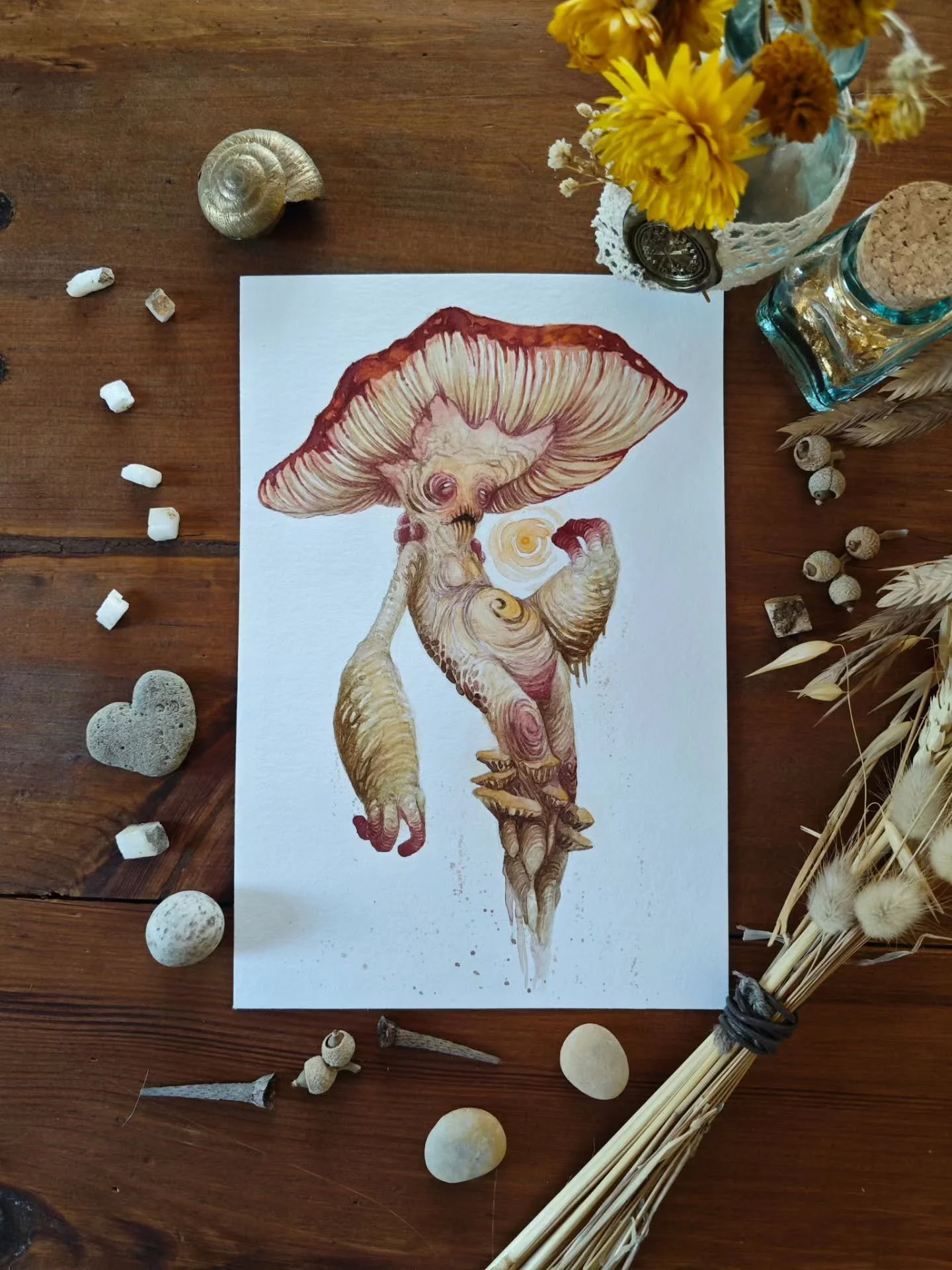 I miss painting my mushrooms folks, so, in the meantime, have this old magician of the darkest woods 🍄 

#mushroom #fantasycreature #faery #fairy #fae #littlefolk #watercolorart