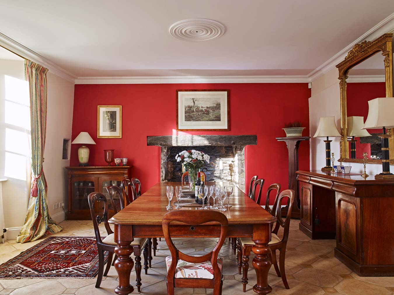 The grand Red dining room of Flear House at Flear Farm.