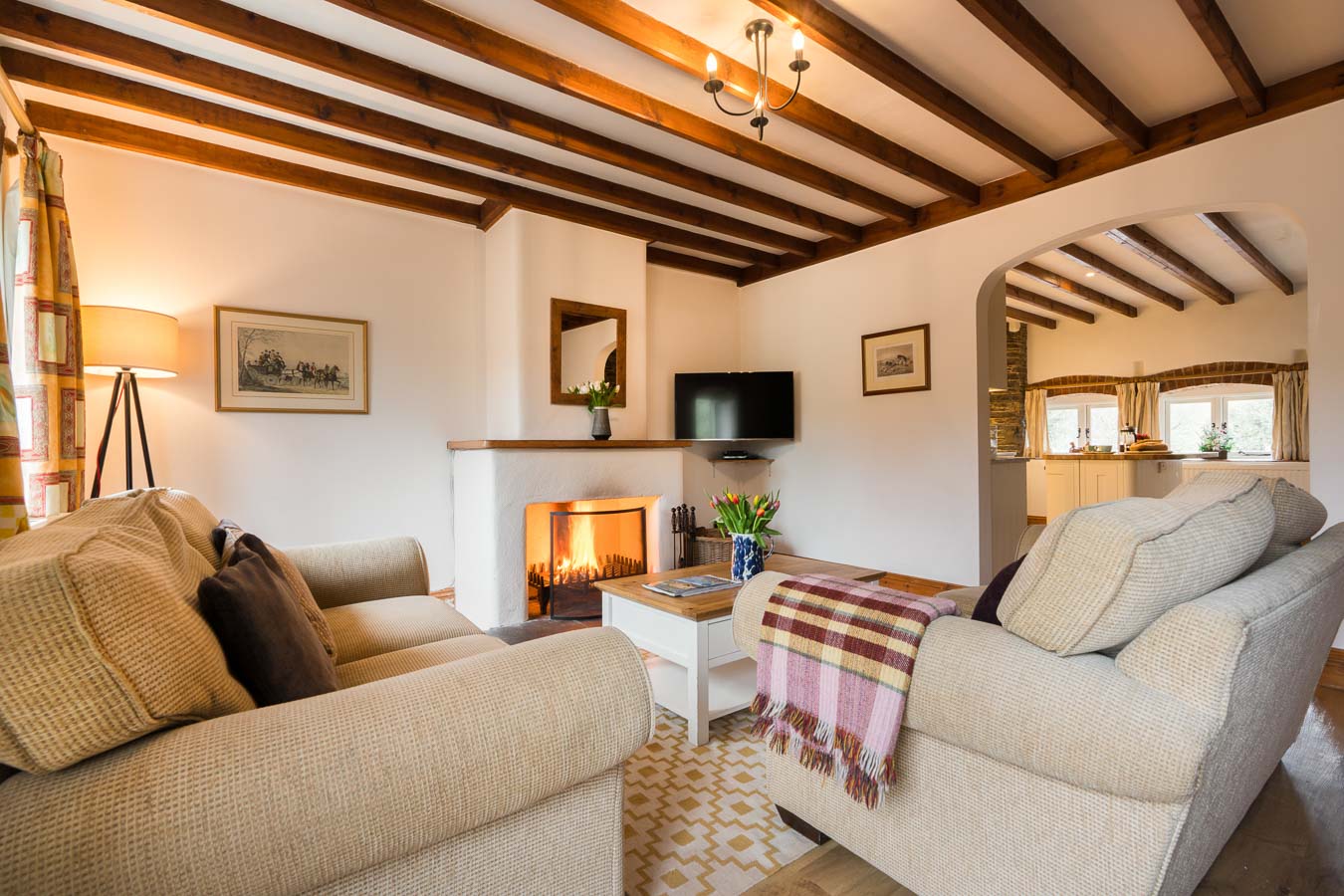 The comfortable and cosy living room in Cartwheel cottage at Flear Farm, with open fire and wall mounted flat screen TV. 