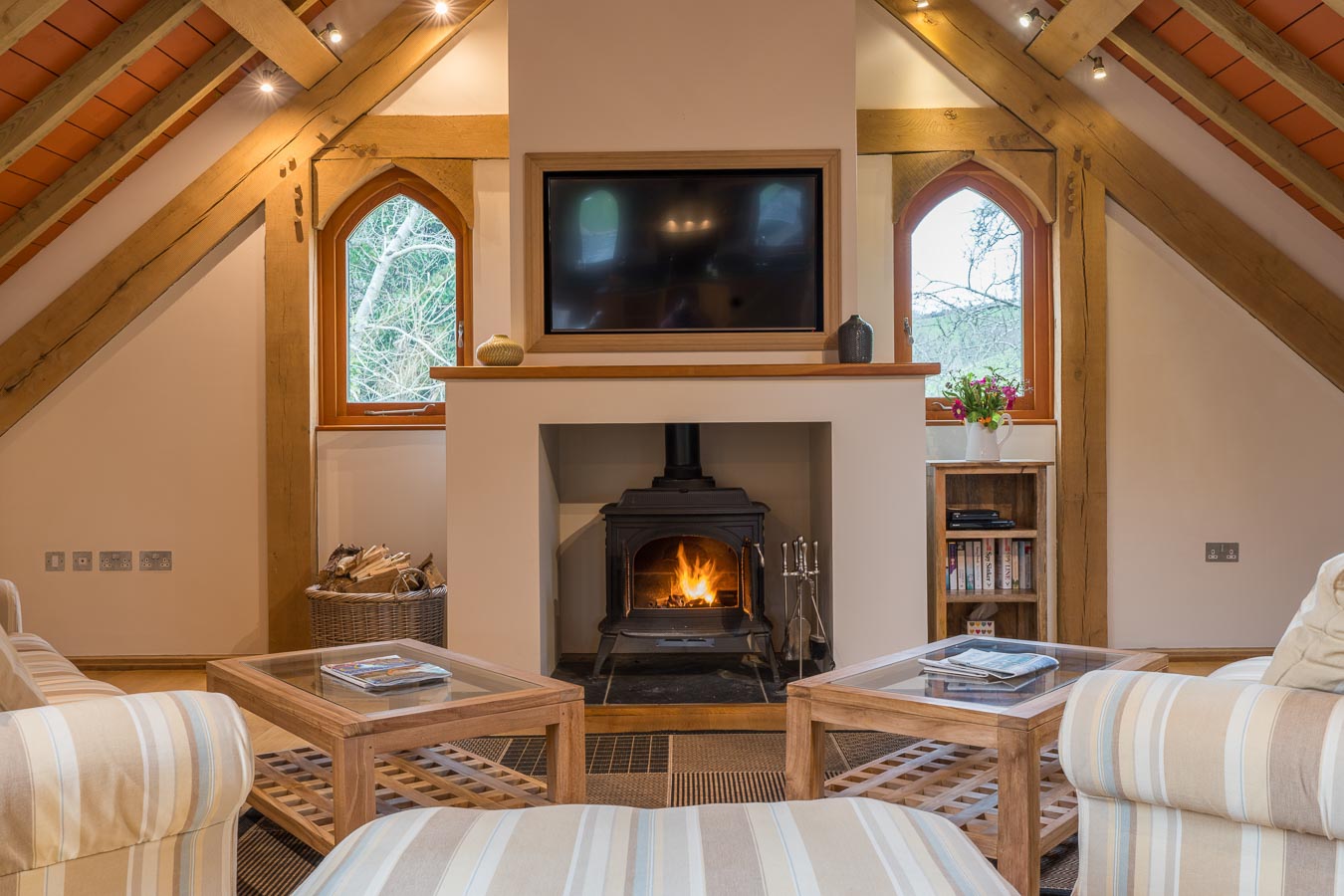 Wall mounted plasma TV and log burning stove make relaxing easy at Orchard Lodge, Flear Farm Holiday Cottage, Devon. 