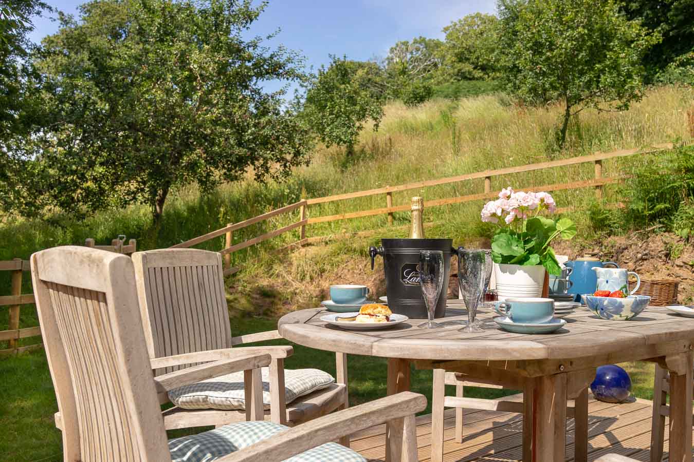 Orchard Lodge's private deck and garden overlooking the beautiful and inspirit Orchard. 