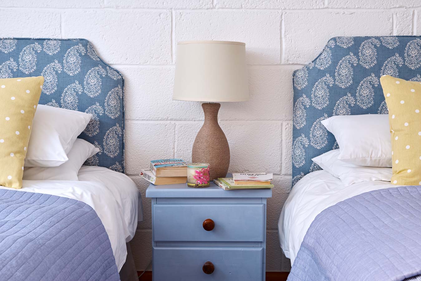 Detail of lovely blue twin room perfect for children or pushed together to make a superking. Family holidays made easy at The Stalls cottage Flear Farm. 