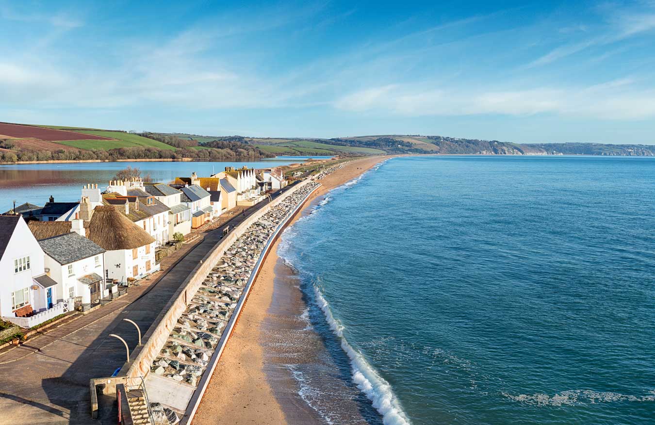 Torcorss Beach, showing the fresh water Nature Reserve Slapton Ley on the left. Devon.