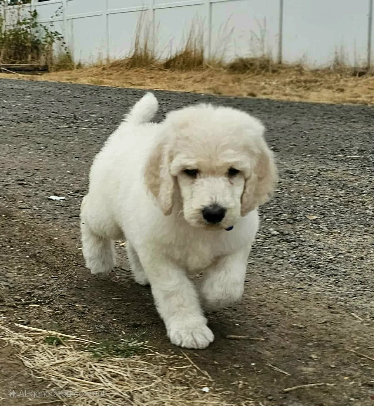 Standard Poodle puppy walking towards camera outdoors