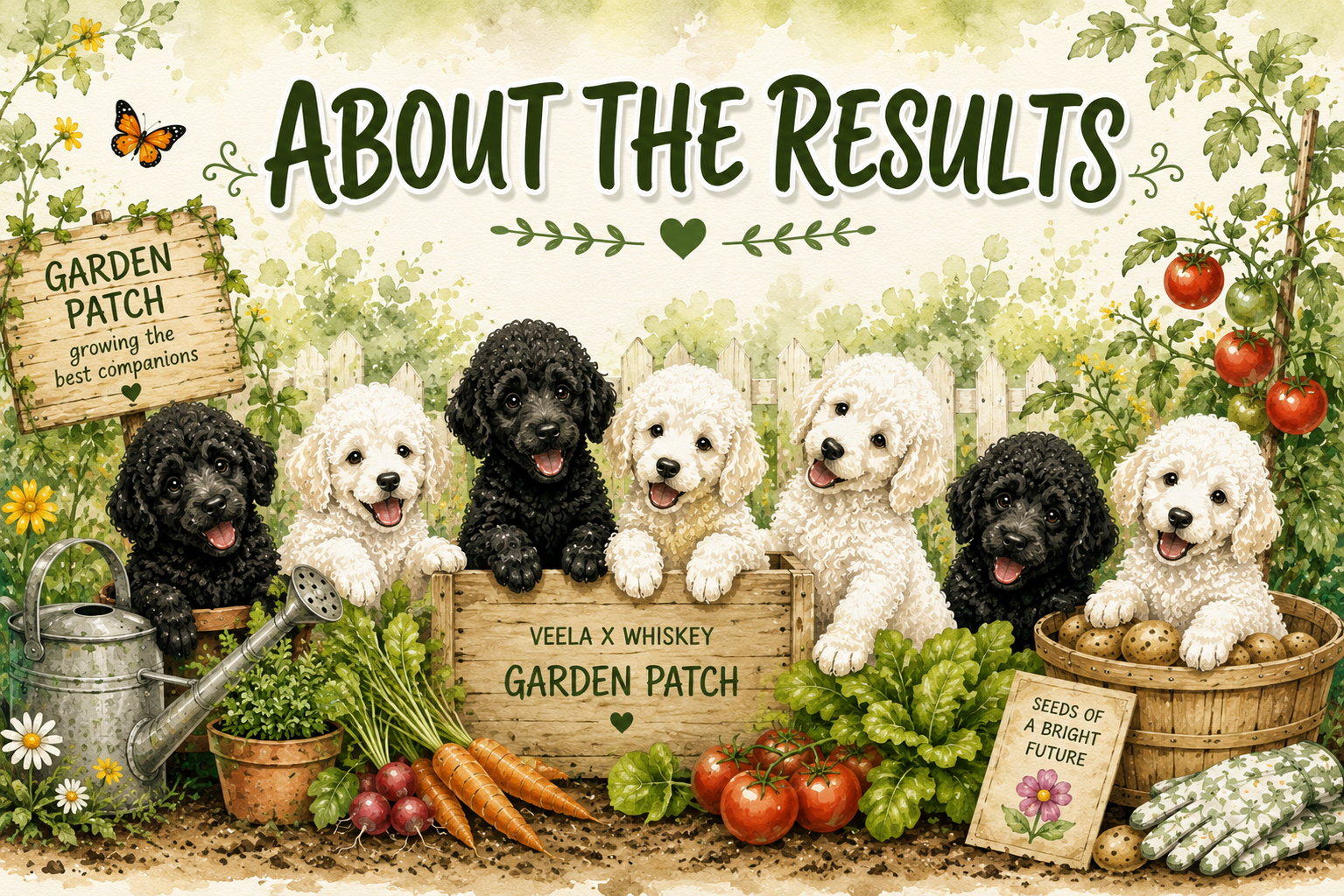 Illustrated guide explaining Standard Poodle puppy temperament evaluation results for the Veela x Whiskey Garden Patch litter at Valaurah Farms in Oregon.