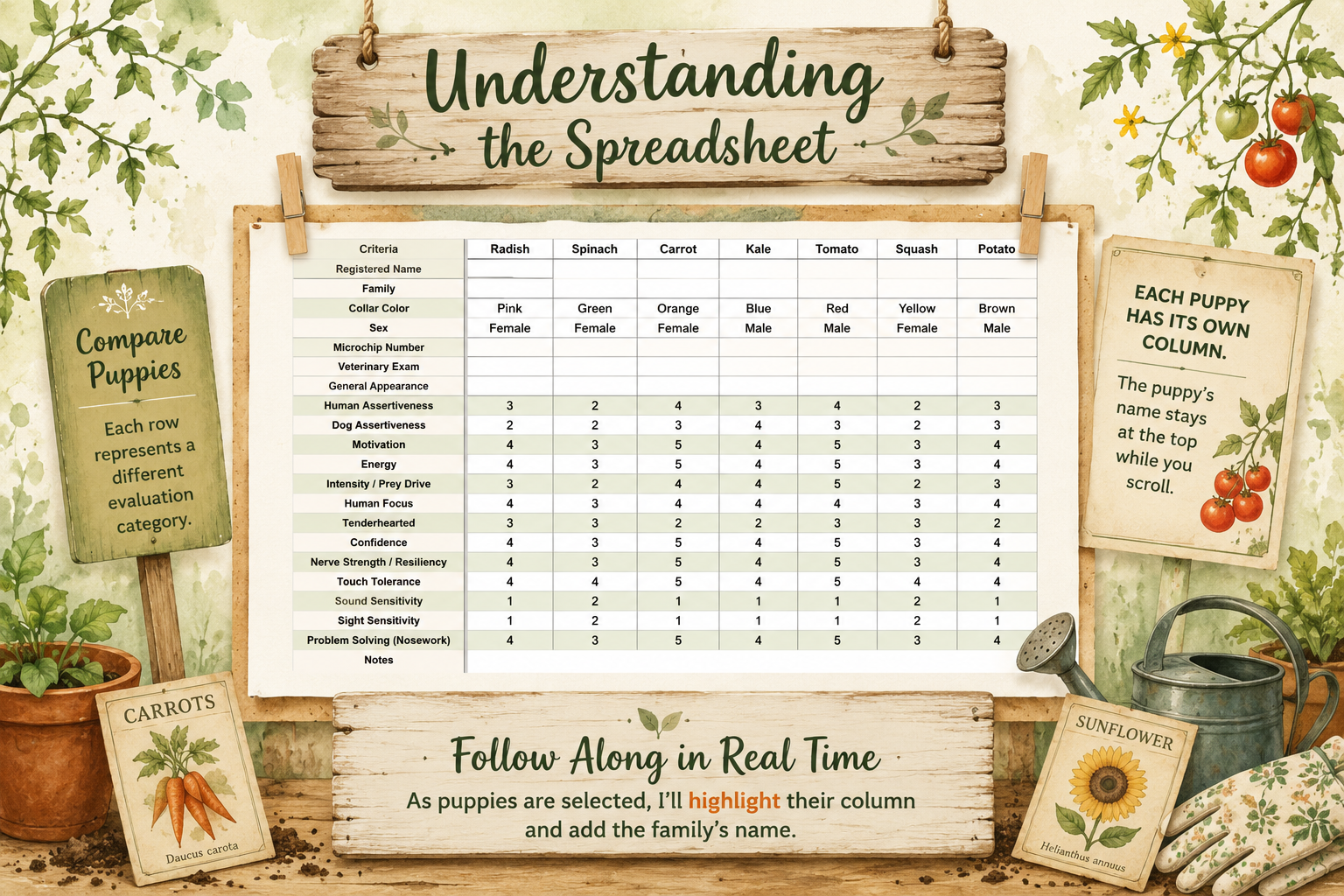 Illustrated guide explaining how to read the Standard Poodle puppy temperament evaluation spreadsheet for the Veela x Whiskey Garden Patch litter at Valaurah Farms.