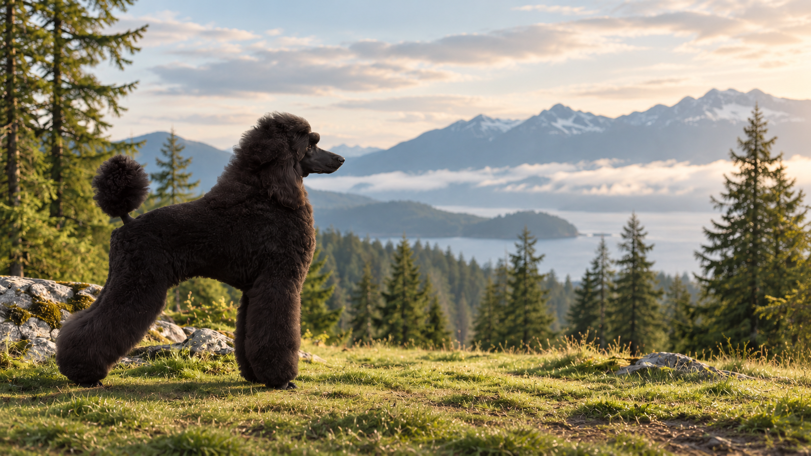 Crush, a black Standard Poodle at Valaurah Farms in Oregon, posed against a Pacific Northwest mountain landscape representing our health-tested show, performance, and companion breeding program.