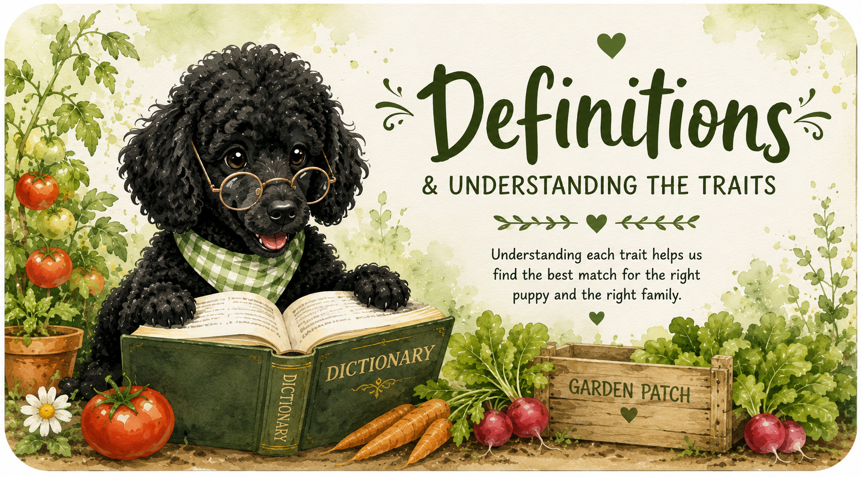 Illustrated black Standard Poodle puppy reading a dictionary introducing temperament trait definitions for the Veela x Whiskey Garden Patch litter at Valaurah Farms.