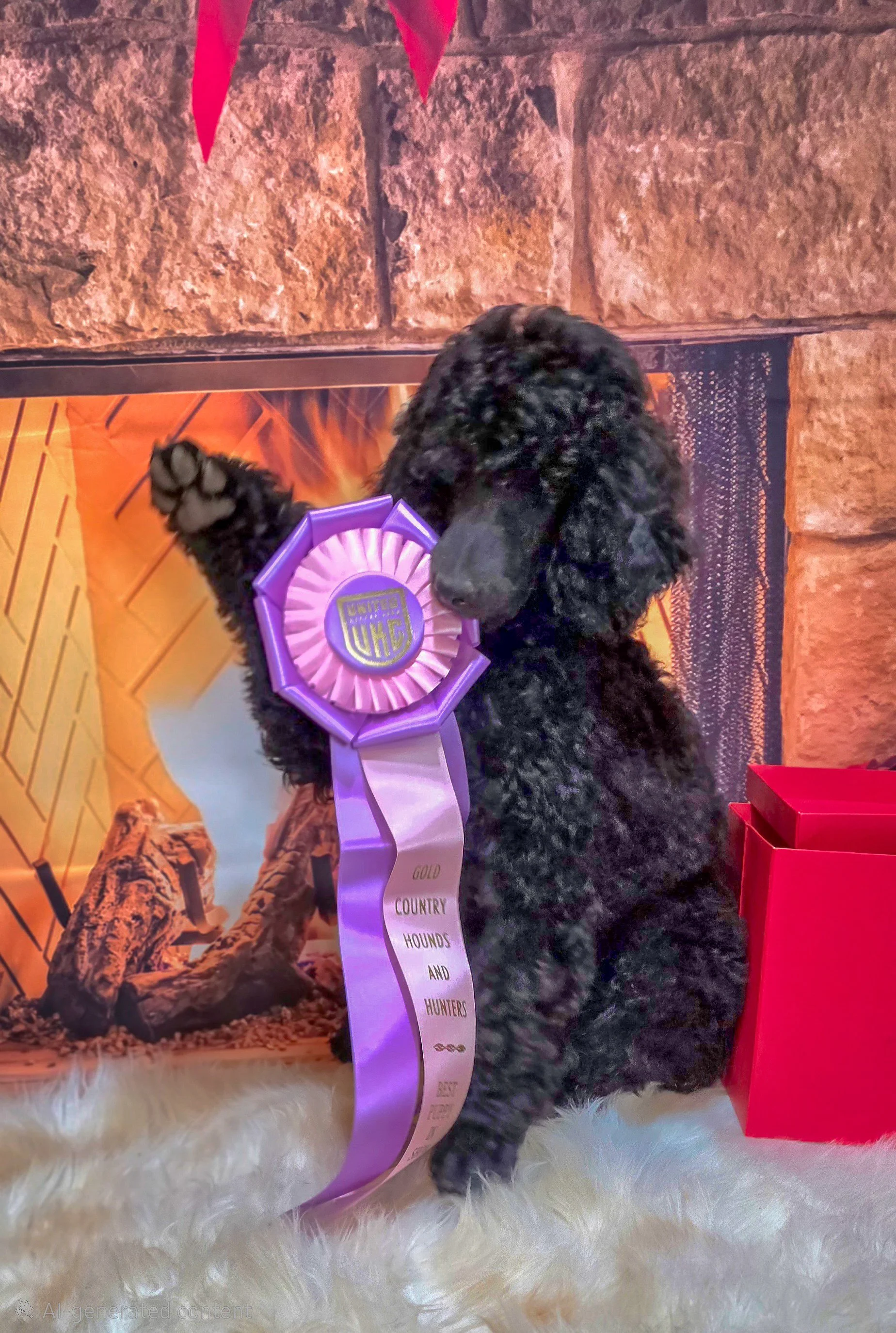 Crush, a black Standard Poodle puppy from Valaurah Farms, posing with a UKC Best Puppy in Show ribbon after a successful show weekend.