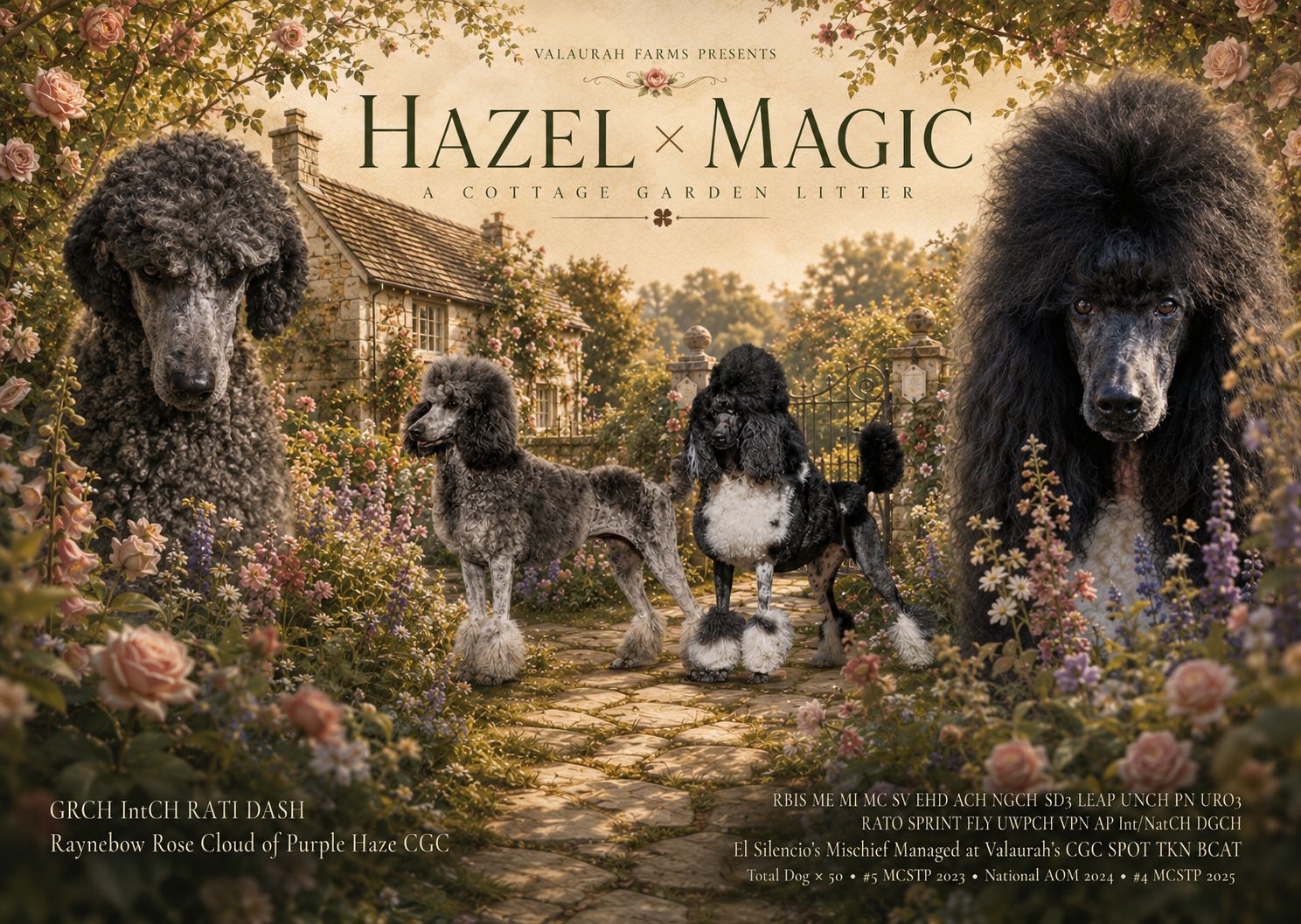 Hazel and Magic Standard Poodles featured in a cottagecore garden for their Fall 2026 litter at Valaurah Farms in Oregon.