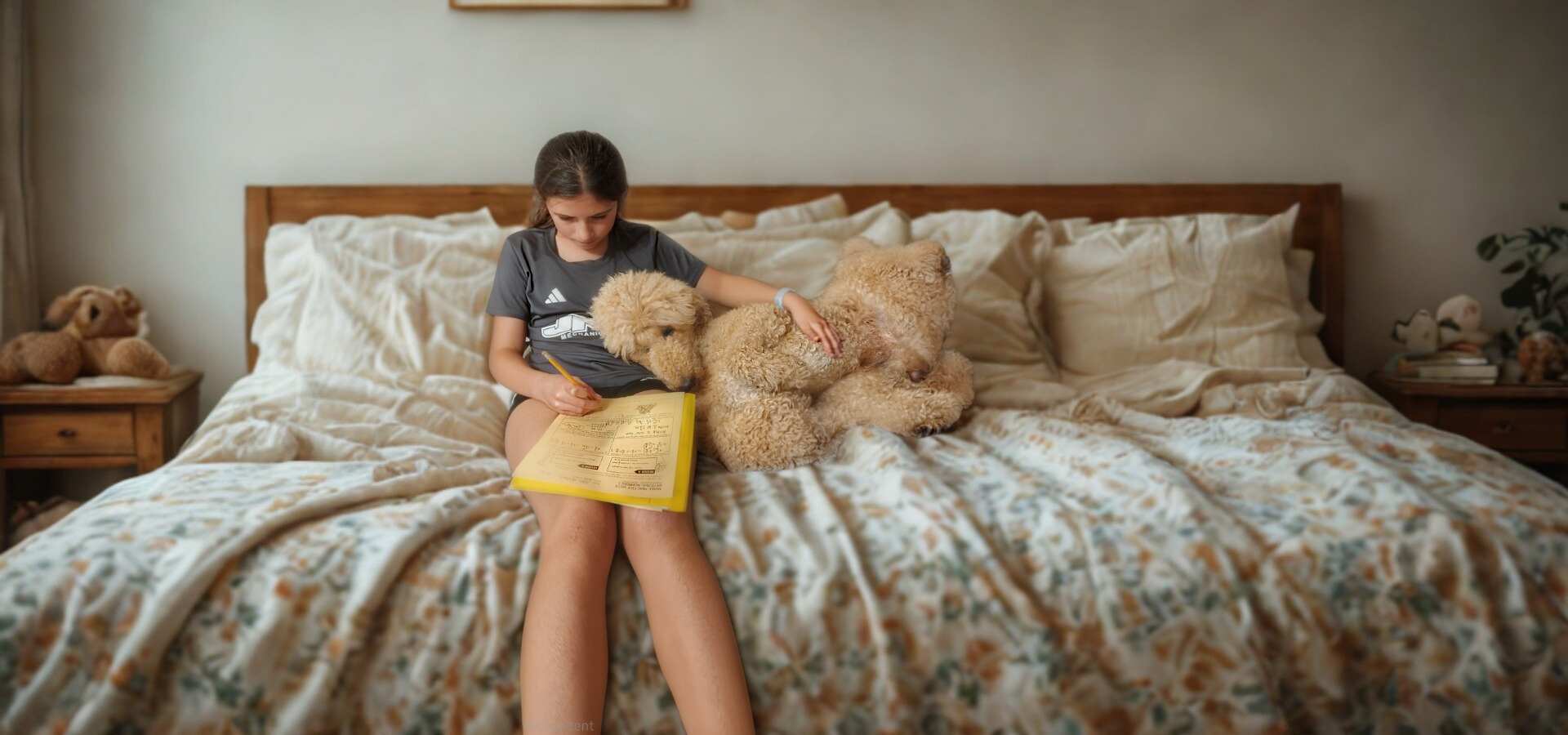 Child sitting with apricot Standard Poodle on bed showing calm family companion temperament in a home setting
