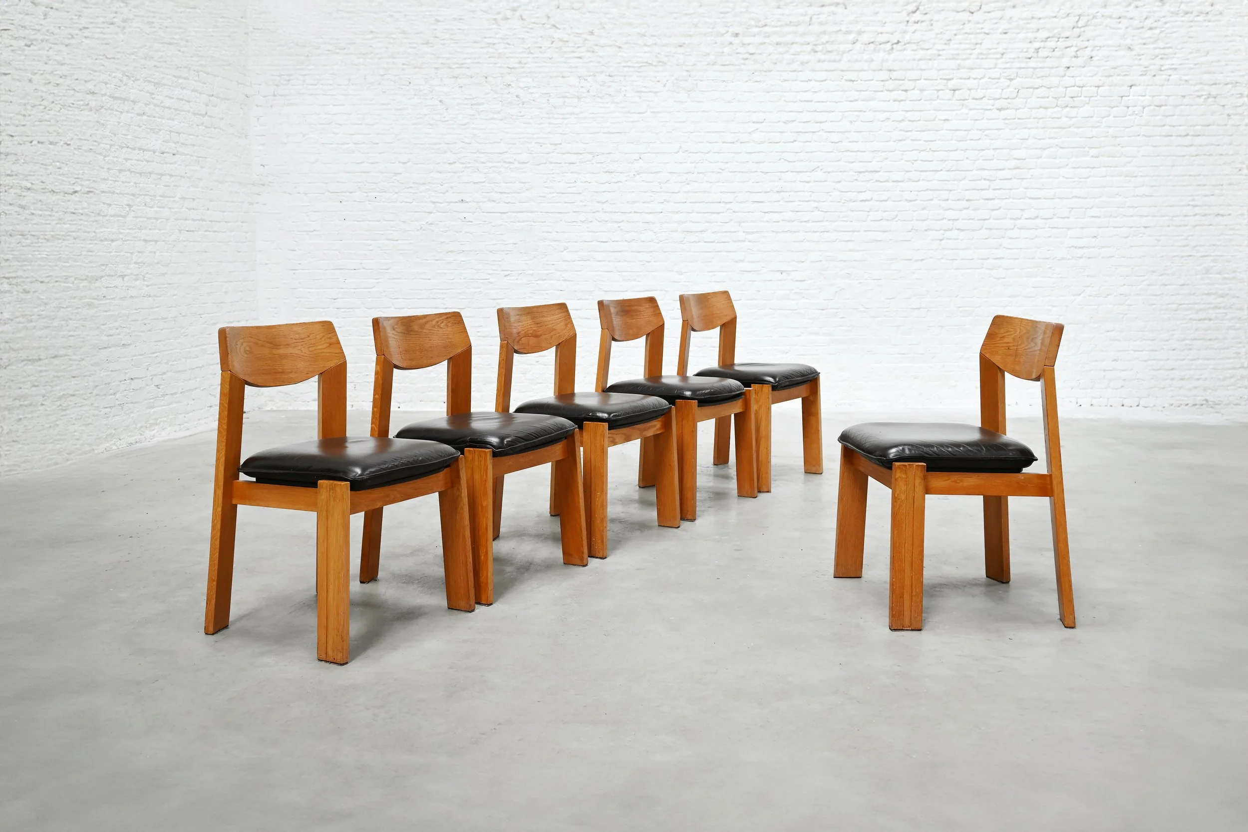 Set of Six 1970s Brutalist Solid-Oak Dining Chairs