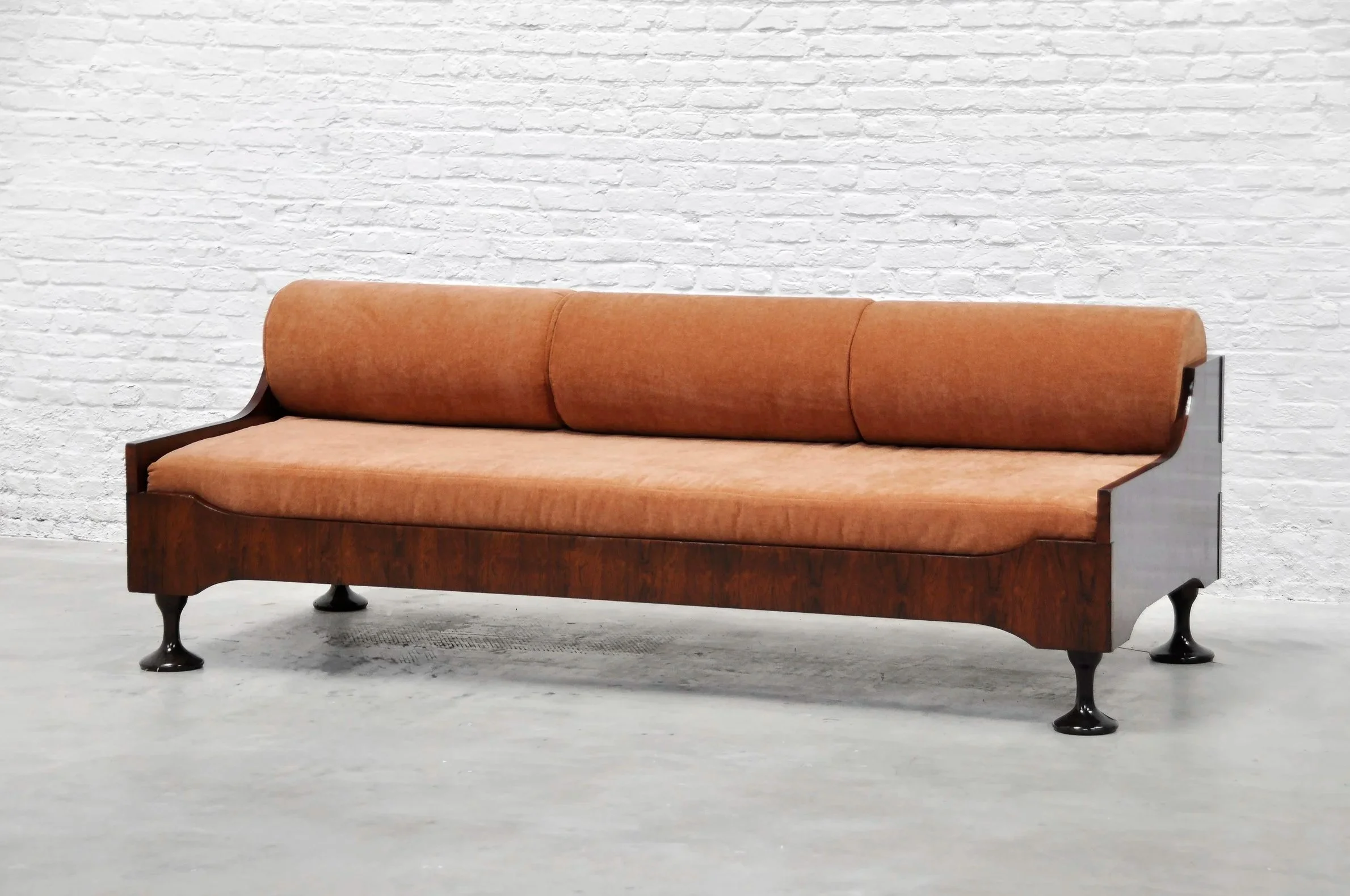 Luigi Massoni Walnut Sofa with Sculptural Legs, Italy, 1959