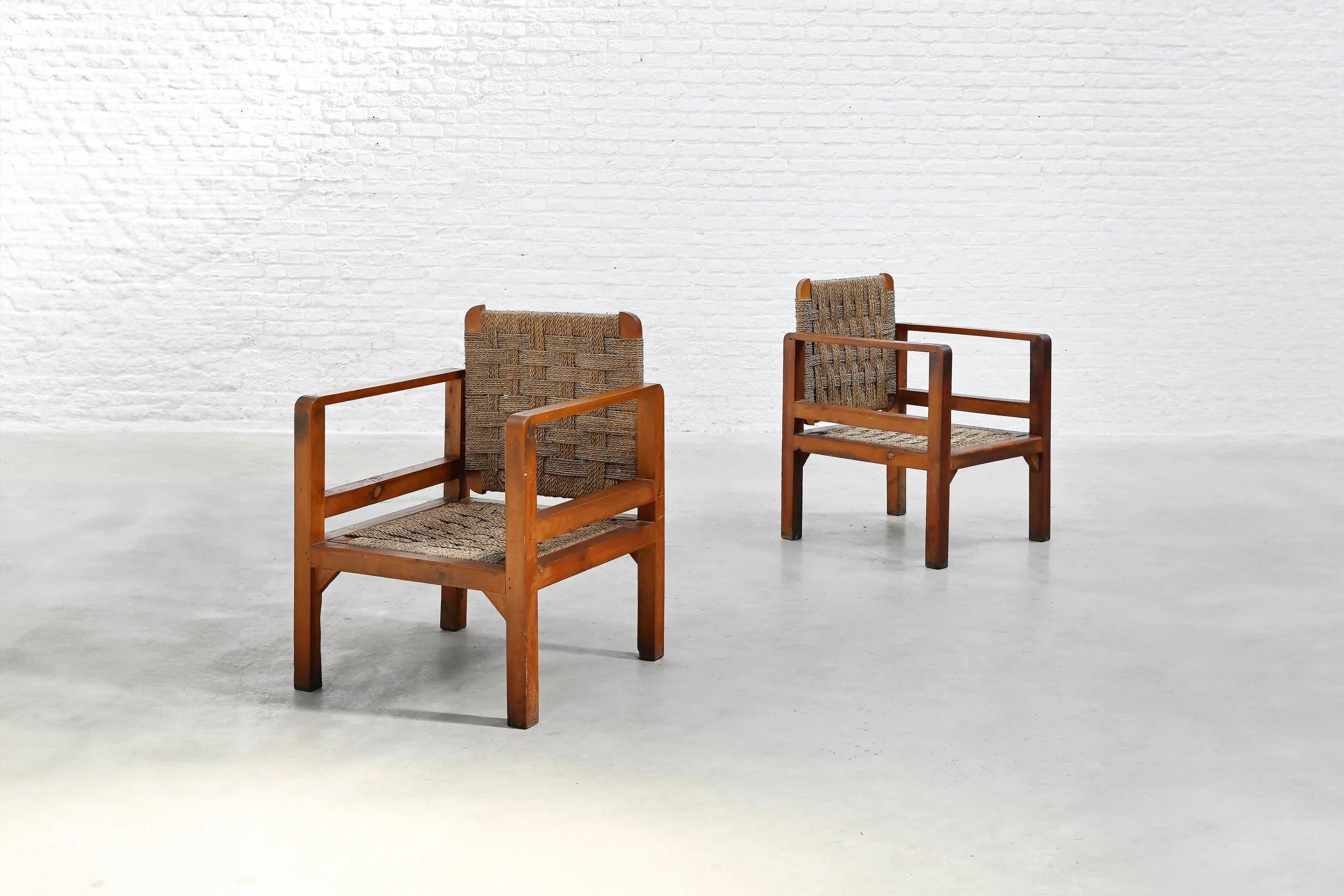 Pair of French Oak and Woven Straw Armchairs, France, 1960s