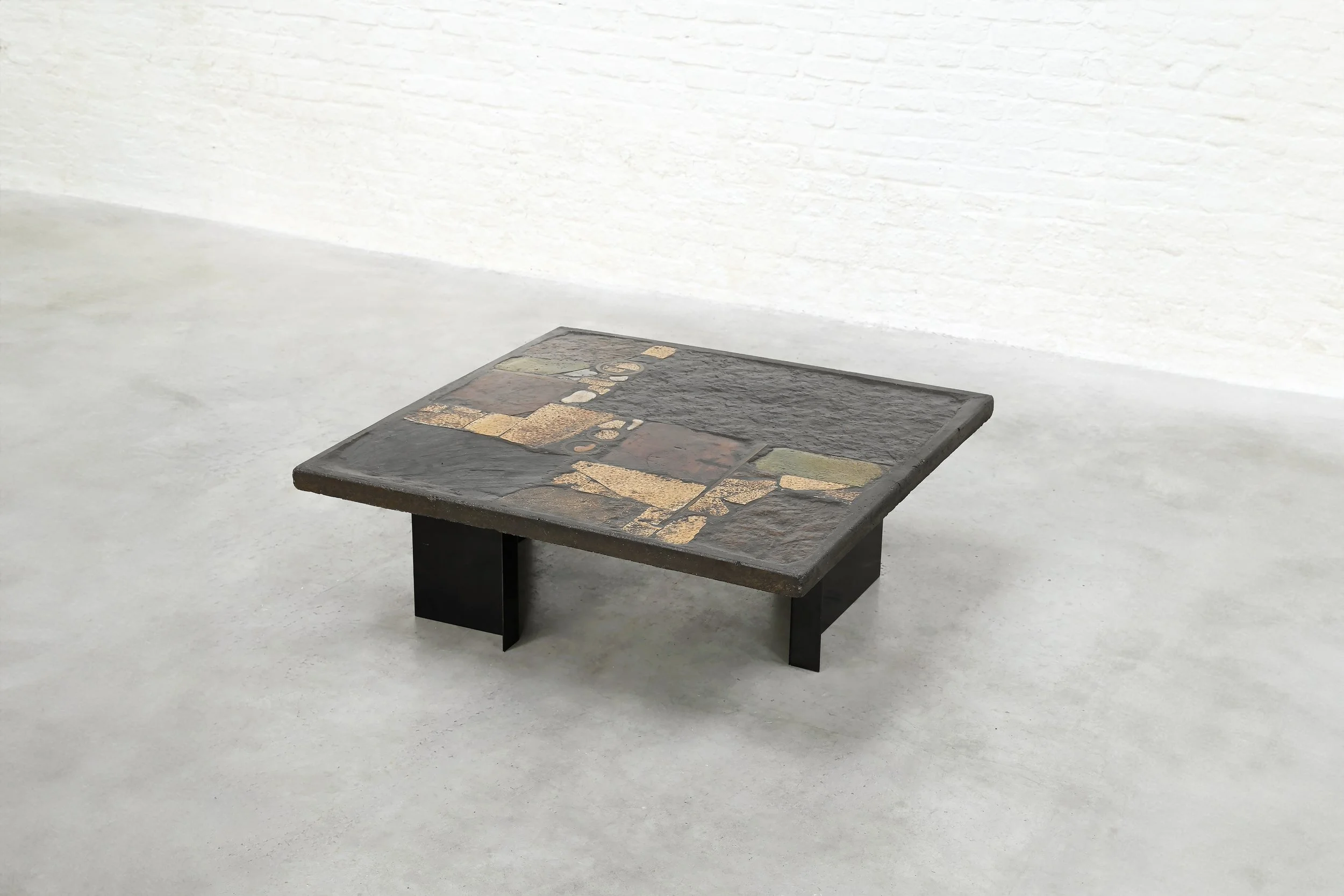 Paul Kingma Slate, Stone, and Brass Inlaid Coffee Table, 1970's