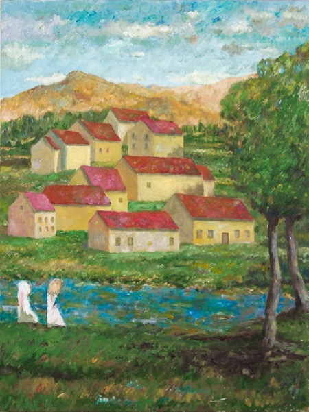 Figures with River and Hillside Settlement